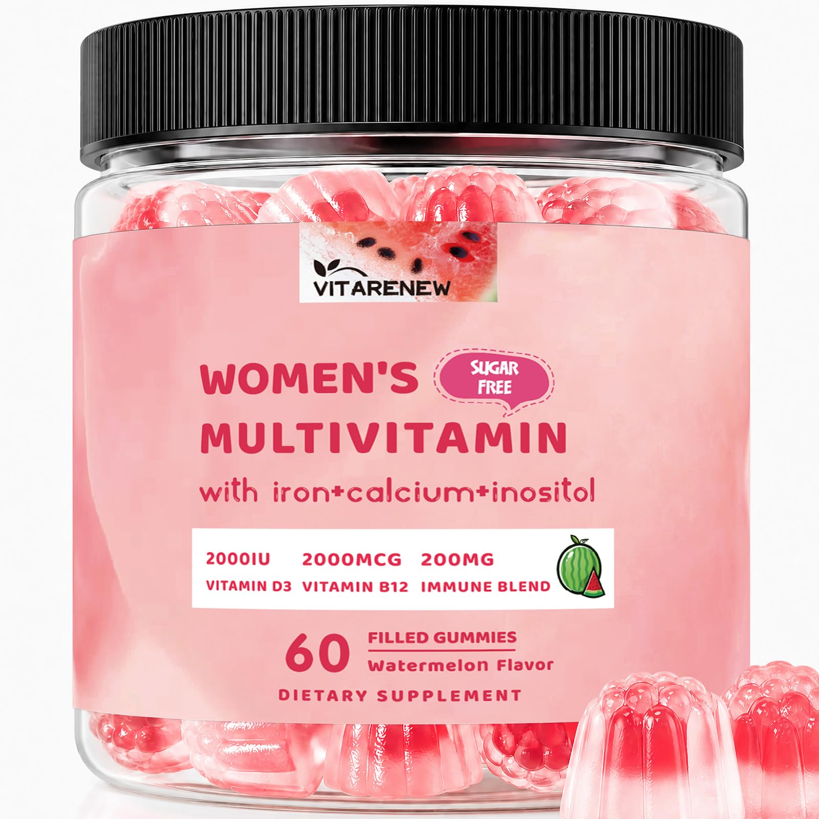 VITARENEW Multivitamínico para mulheres, vitaminas A, C, D3, K2, E, complexo B, biotina, cálcio, ferro, inositol, iodo e zinco, 60 gomas