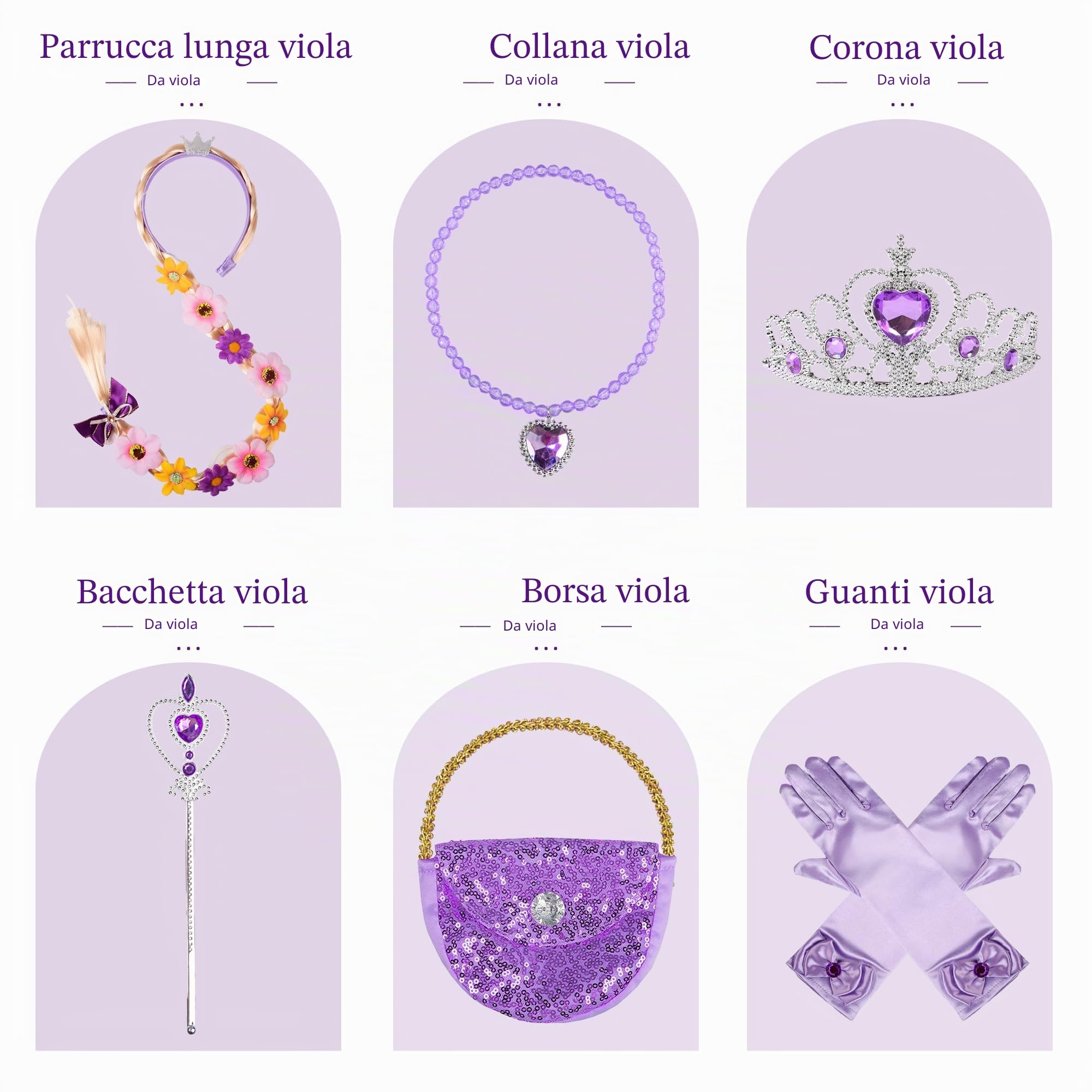 ReliBeauty Costume Principessa Bambina 3-12 anni Vestito Carnevale Maniche Lunghe Abito Lilla con Parrucca, Accessori e Borsetta Cosplay Festa Compleanno