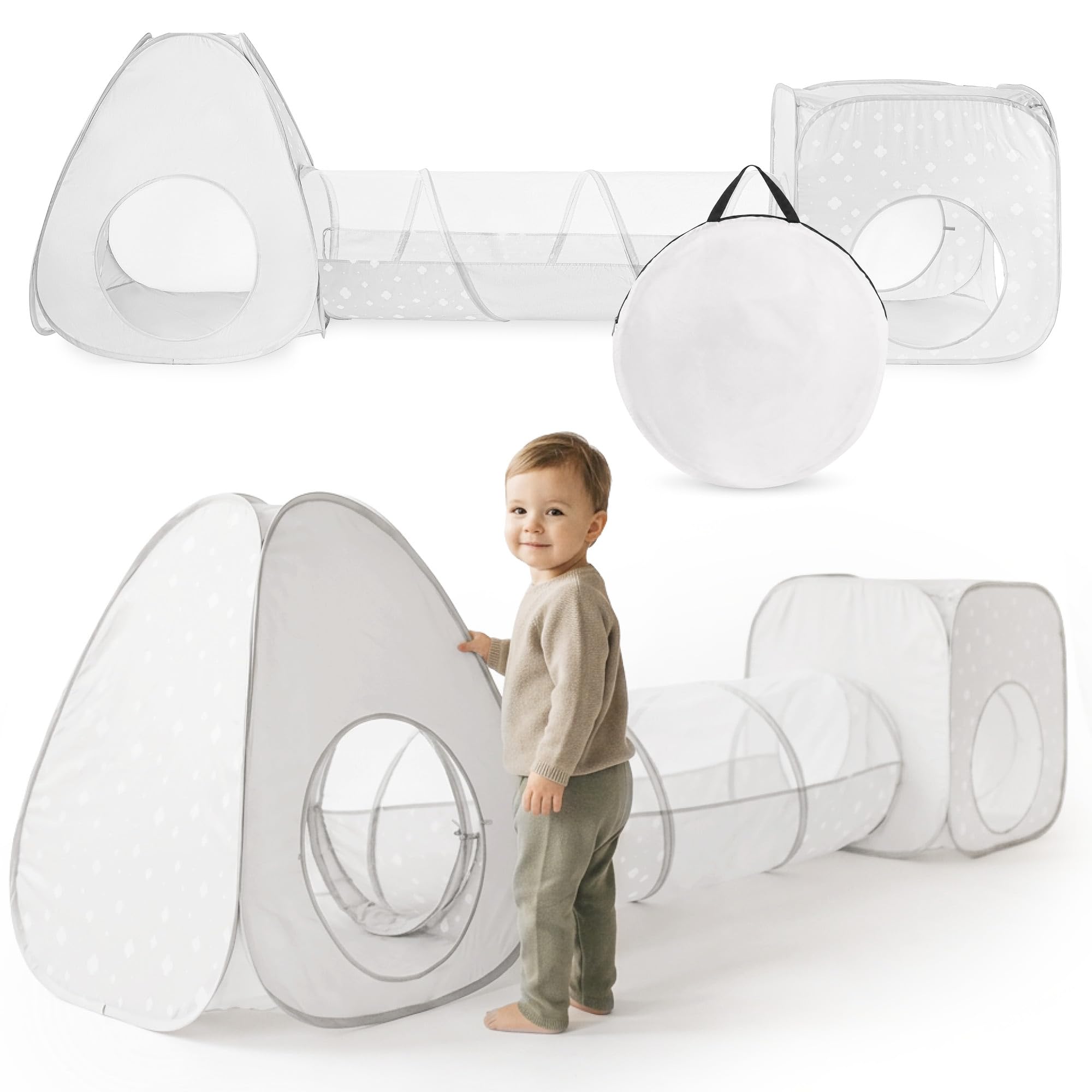 mamabrum 3-in-1 Spielzelt Set für Kinder, Dreieckszelt mit Tunnel und Spielwürfel, Polyester, Grau mit weißem Muster, 80 × 80 × 86 cm, ab 36 Monaten, Indoor