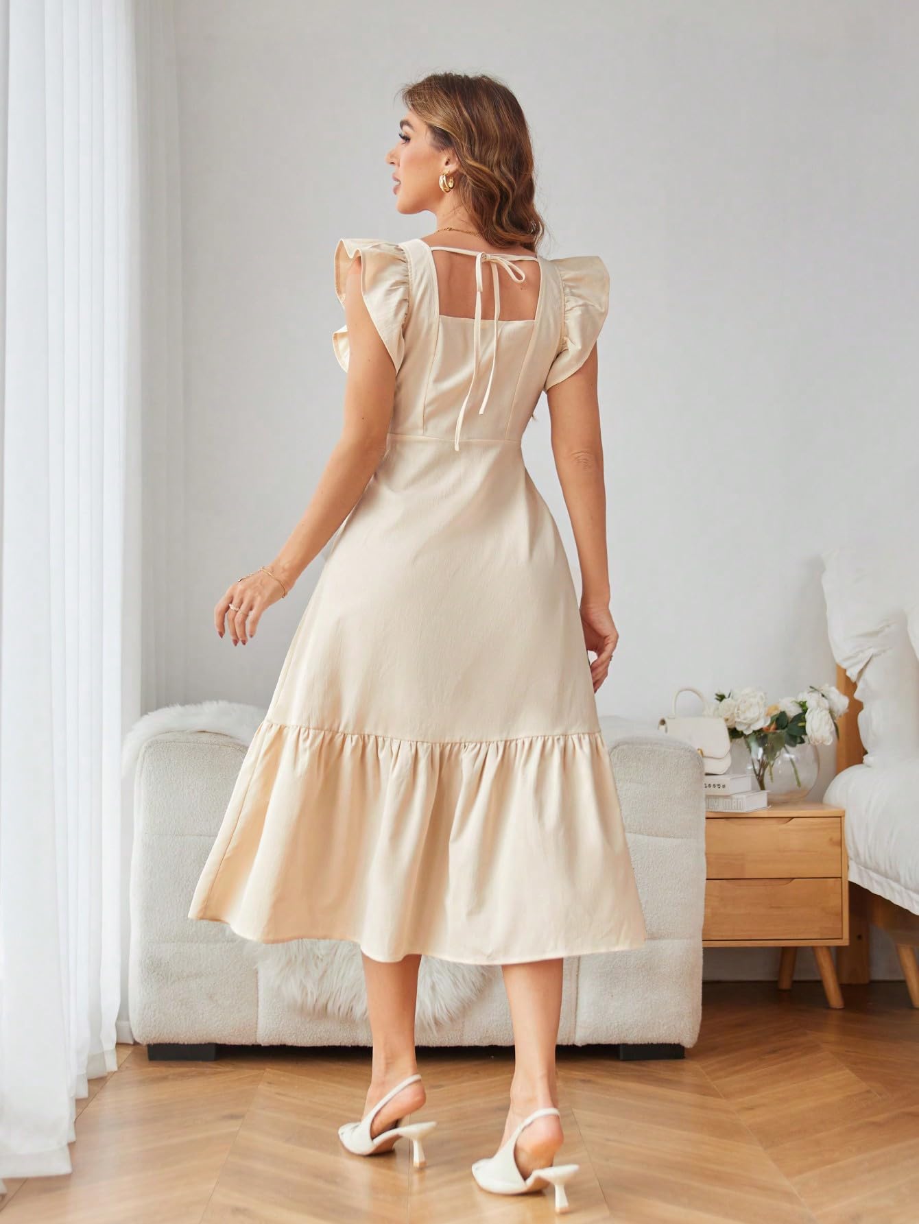 Shasmi Girl's & Women's Solid Beige Color Square Neck, Ruffle-Trimmed Hem Sleeveless, Ruffle Armhole And Casual Dress With Cinched Waist Vacation Outfits Woman (Dress 162 Beige-S)