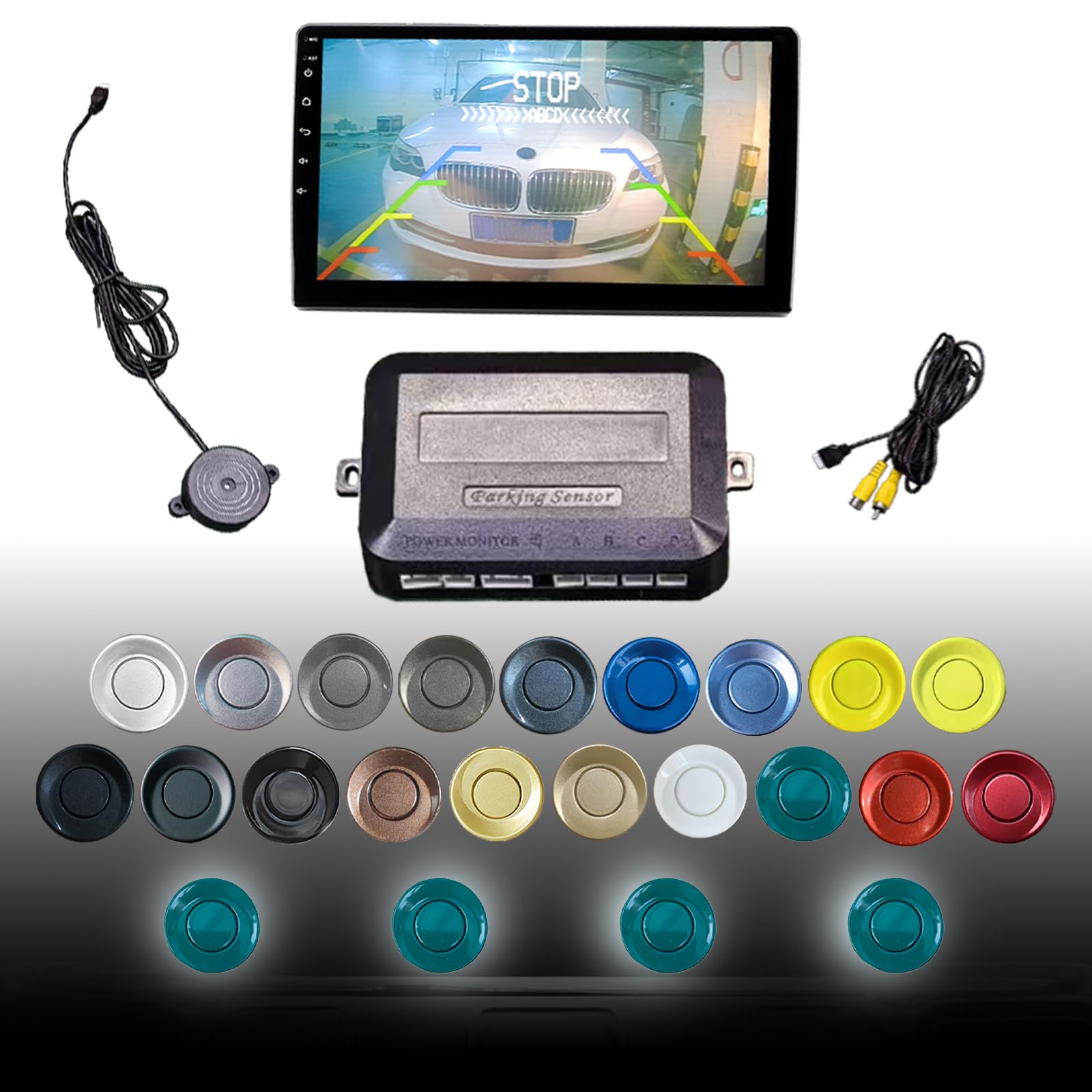 Parking Sensor Kit LCD - Displays Data on Original Screen, Easy Rear Installation, Compatible with All Camera Formats (AHD, CVBS), 20 Probe Colors to Match Any Vehicle（Green）