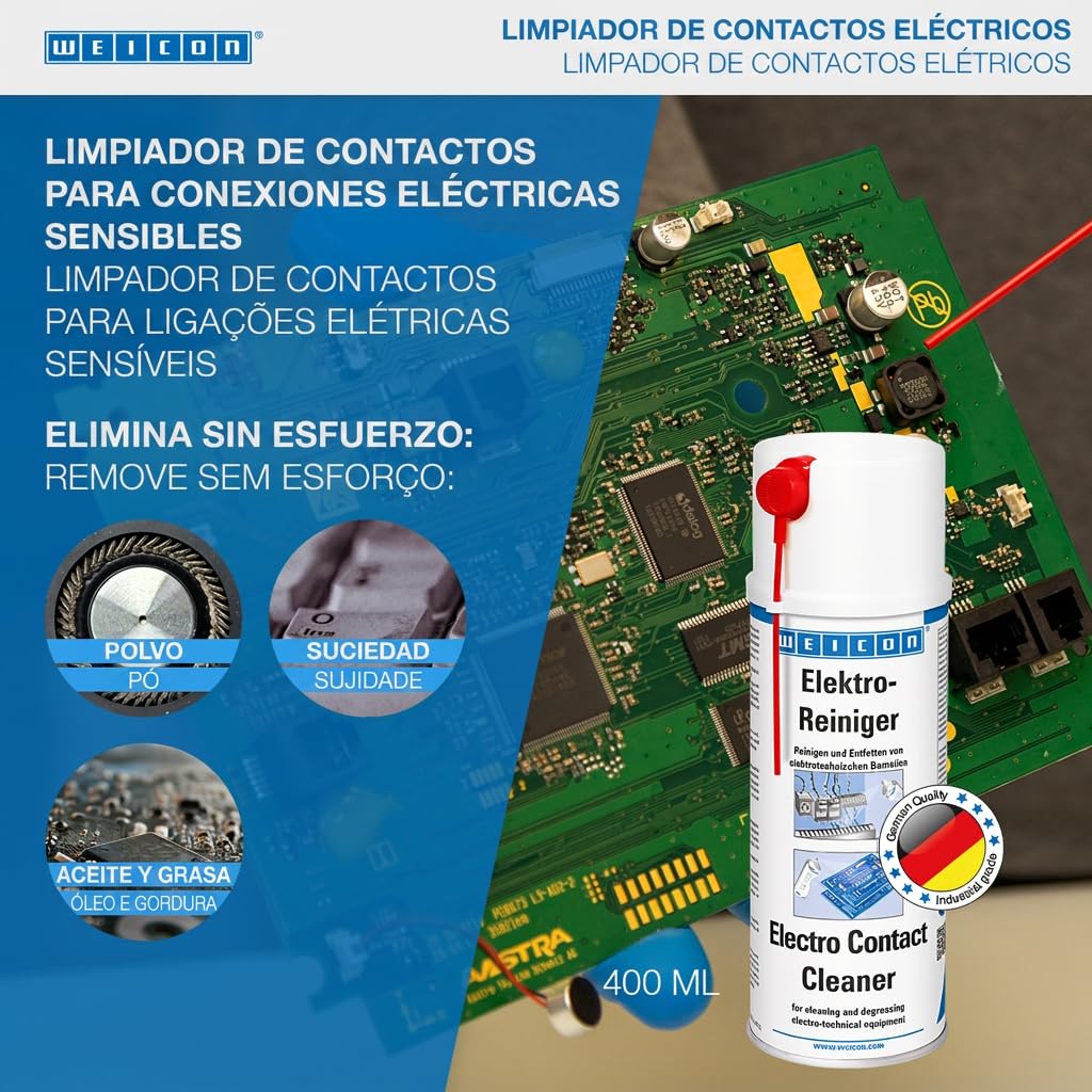 WEICON Limpiador de Contactos Electrónicos | 400 ml | Limpia y desengrasa componentes electrónicos o mecánicos | Transparente
