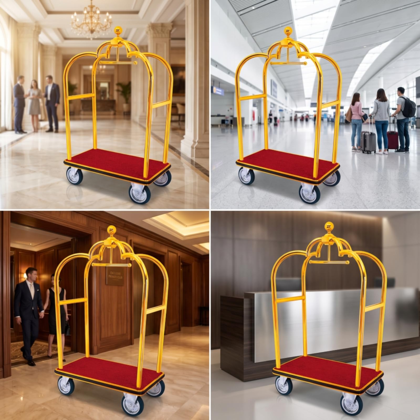 Carro de Equipaje para Hotel Carrito Maletero Portaequipajes Carro Porterero Acero Inoxidable Estructura Robusta Base Alfombrada Giratorios 4 Ruedas