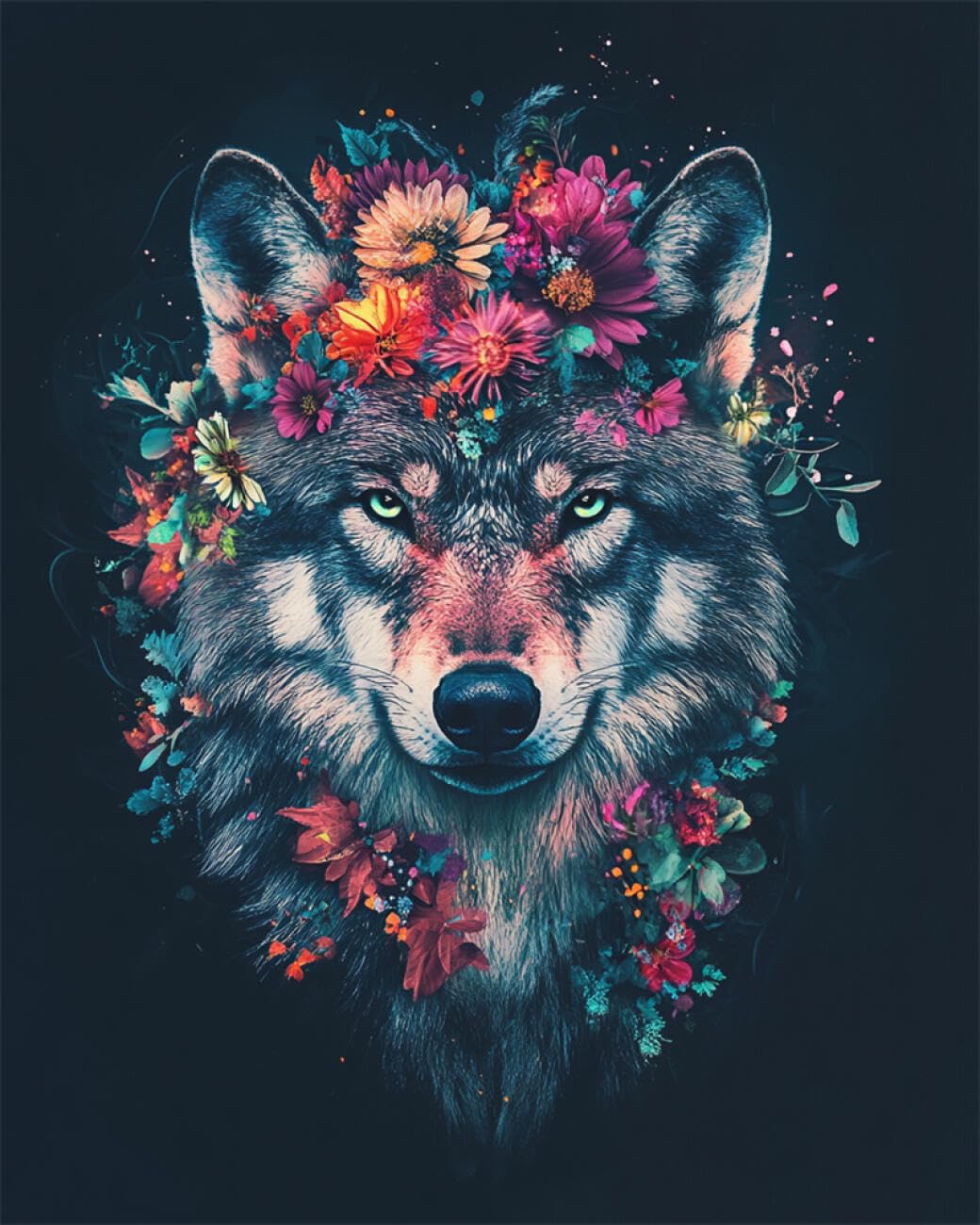 RKFLGEW DIY Embroidery Beads Set Wolves and Flowers 30x40cm