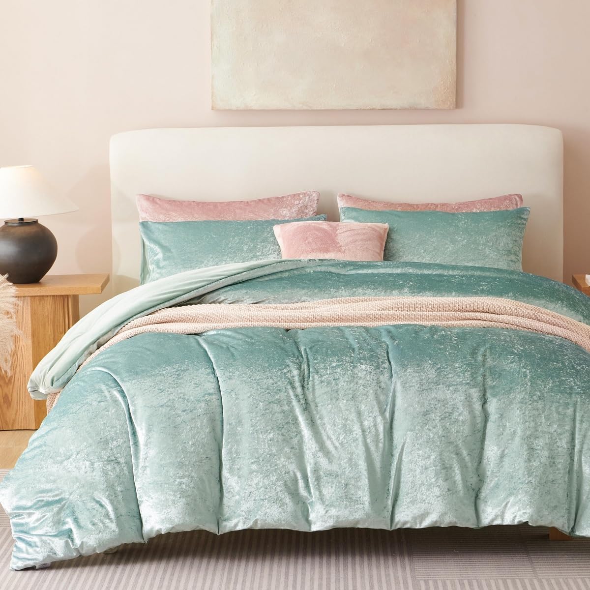 Green Duvet Cover Set King Size Crushed Velvet Luxury Bedding Set Flannel Cozy Winter Warm Comforter Duvet Cover with Zipper Closure and 2 Pillowcases 20" x 36"