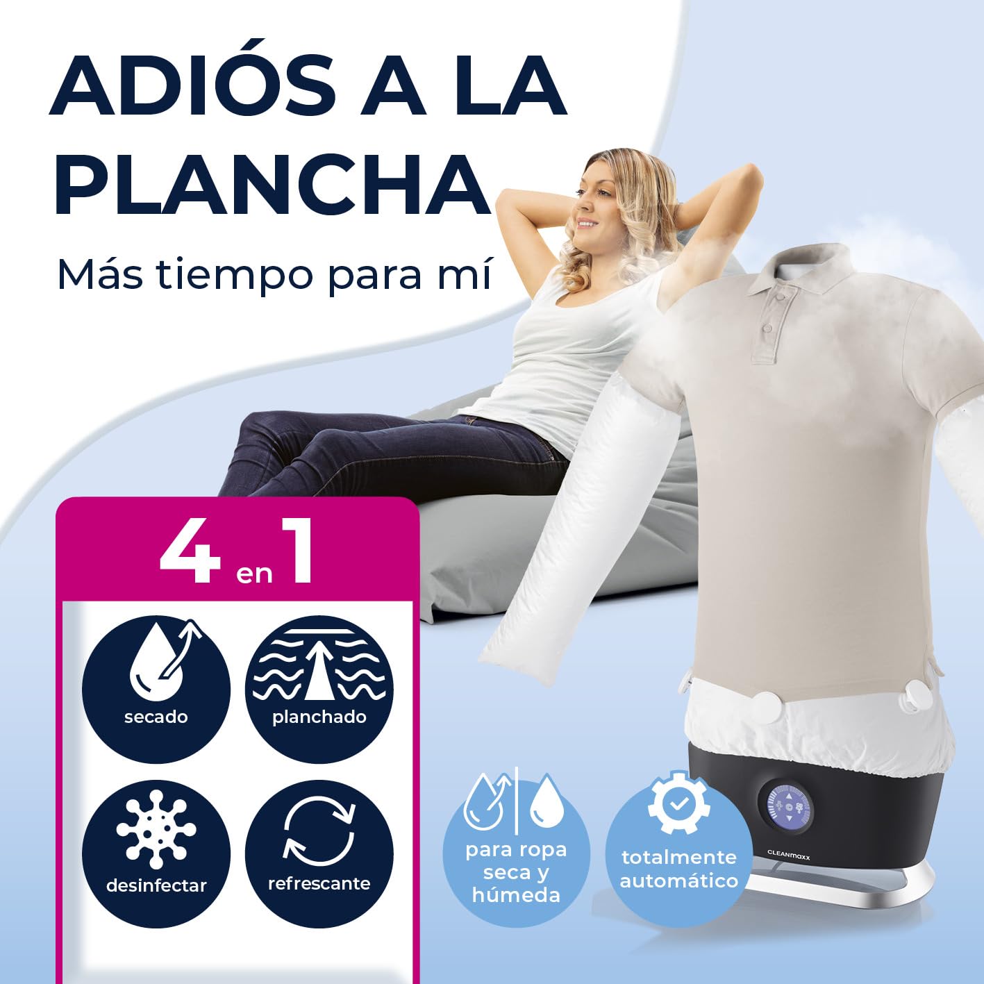 CLEANmaxx Plancha automática para camisas Pro Steam, con función de vapor y pantalla táctil, dispositivo de planchado para camisas y blusas, reduce los olores, desinfecta, alisa, seca y refresca