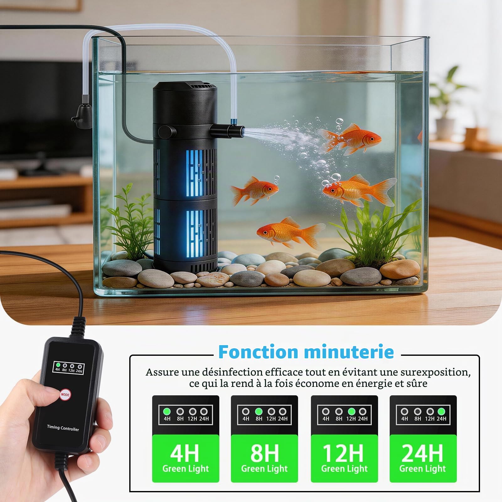 SWAWIS 5 in 1 Filtre Aquarium 1800L/H pour Aquariums de 180 à 600L | avec 8W UV Stérilisateur Lampe et Minuteur, Pompe Aquarium pour Filtration Aération Stérilisation