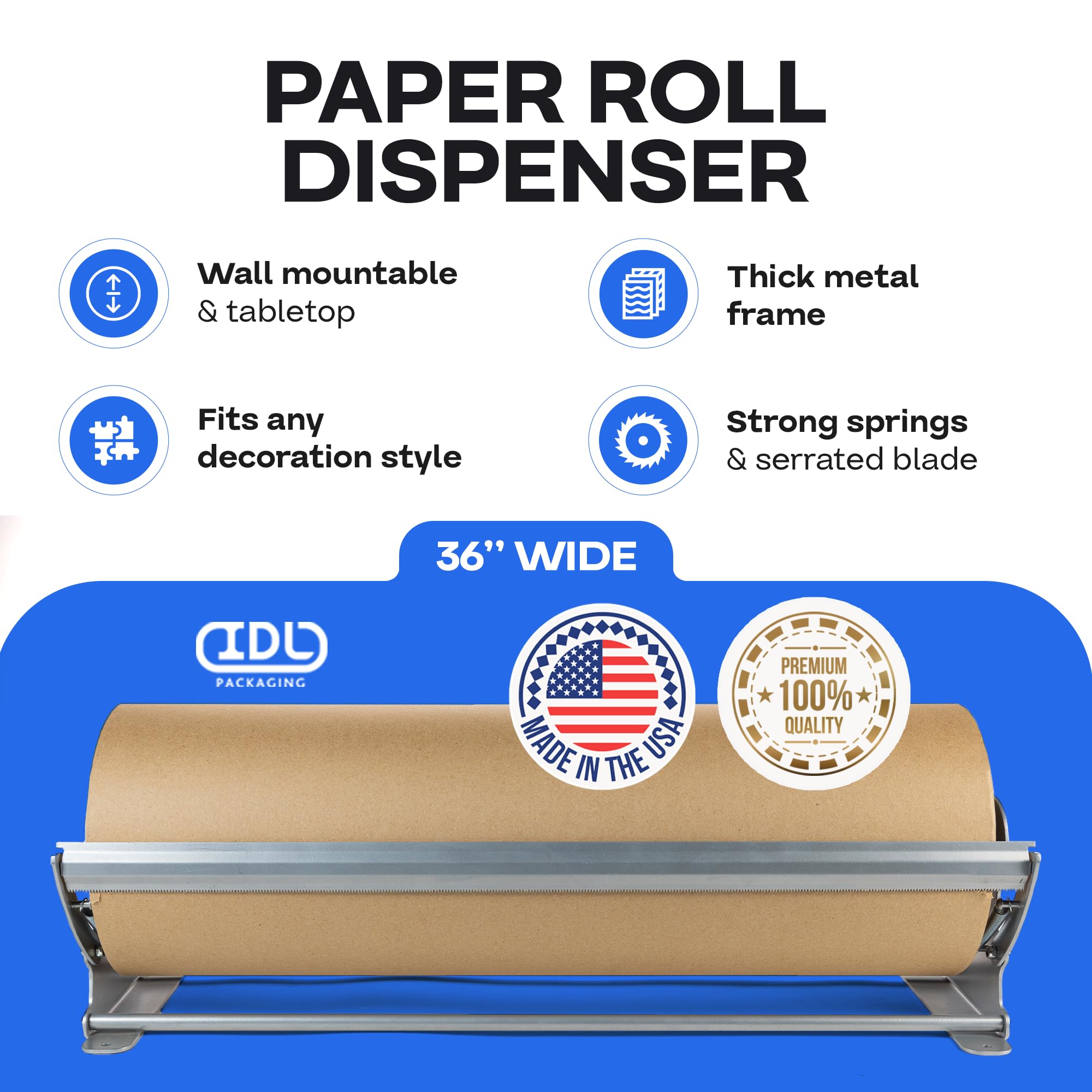 IDL Packaging Dispenser e taglierina per rotoli di carta kraft fino a 91,4 cm di larghezza e 22,9 cm di diametro, supporto da tavolo in acciaio rinforzato con taglierino, per carta kraft e carta da