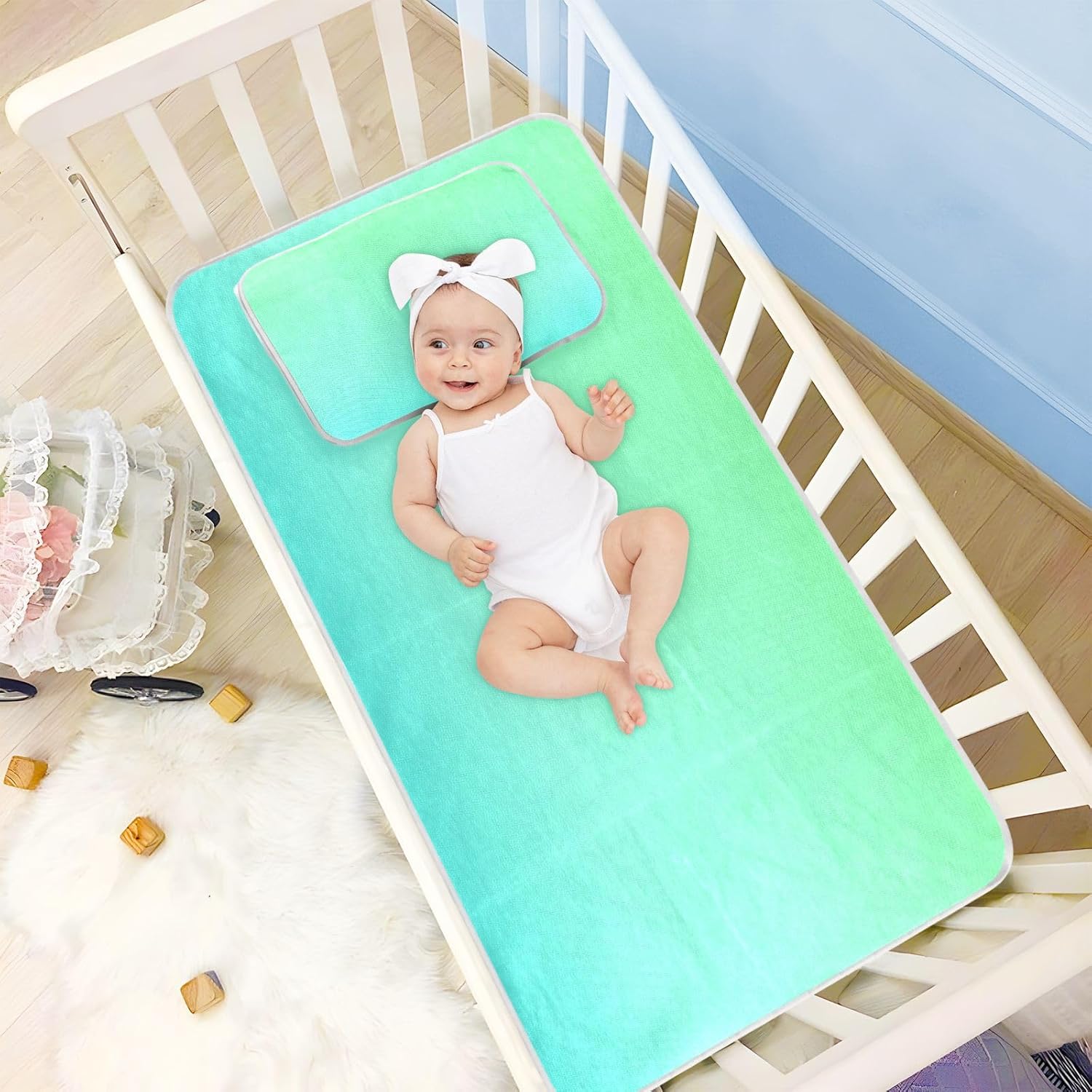 Cooling Baby Toddler Mattress 28" x 52" Ultra Soft Green Gradient Pads Washable Waterproof for Kids, Adult