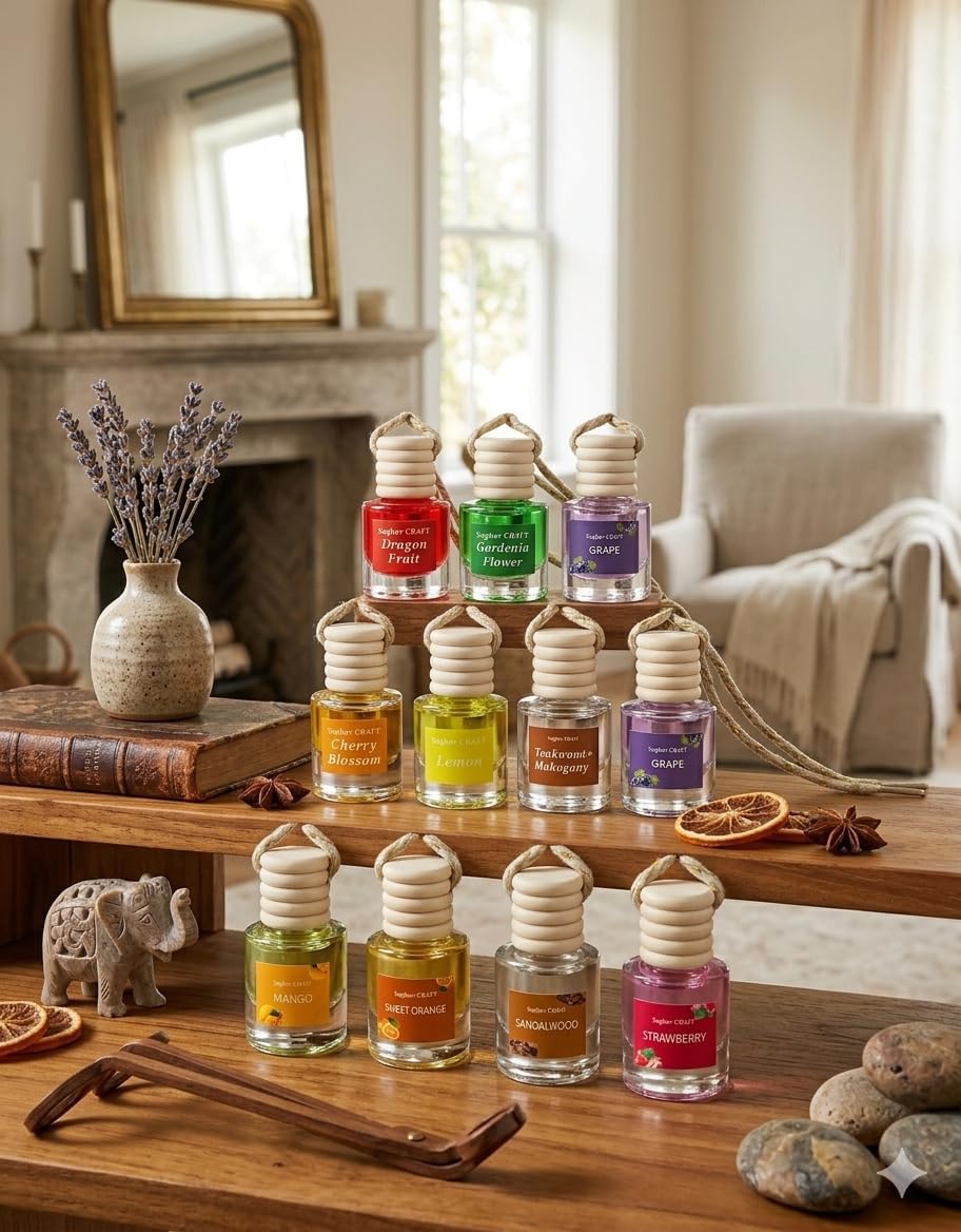 Air Diffuser Essential Oil Set | 24 Natural Scents Like Jasmine, Ocean, Sandalwood | Long Lasting Car Air Freshener for Women & Men | Hanging Glass Bottles, Air Freshener for Travel (8 ML Per Bottle)