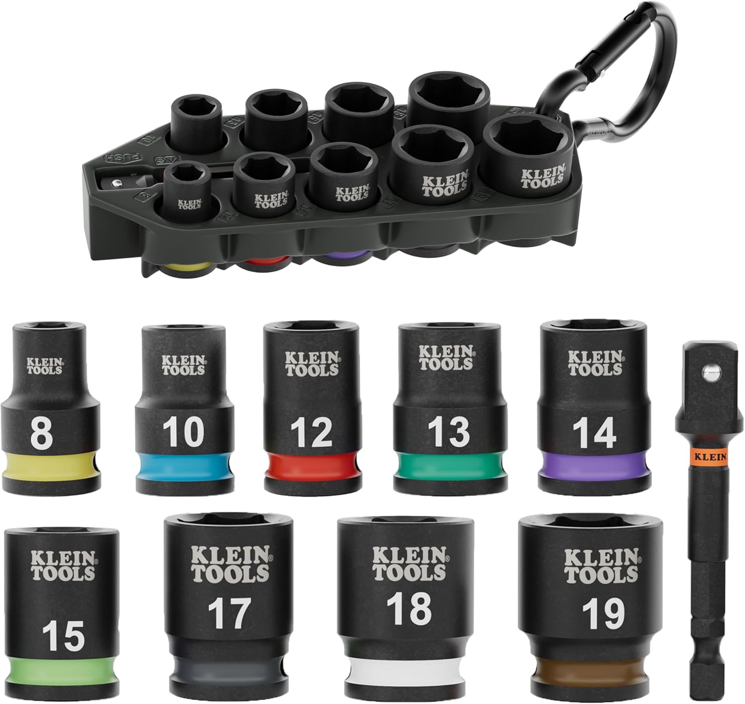 Klein Tools 33809M Grab-And-Go Impact Socket Set, Metric, 10-Piece Set with Sleeve, Carabiner, 3/8-Inch Drive, Color-Coded 8 mm, 10 mm, 12 mm, 13 mm, 14 mm, 15 mm, 17 mm, 18 mm, 19 mm Sockets