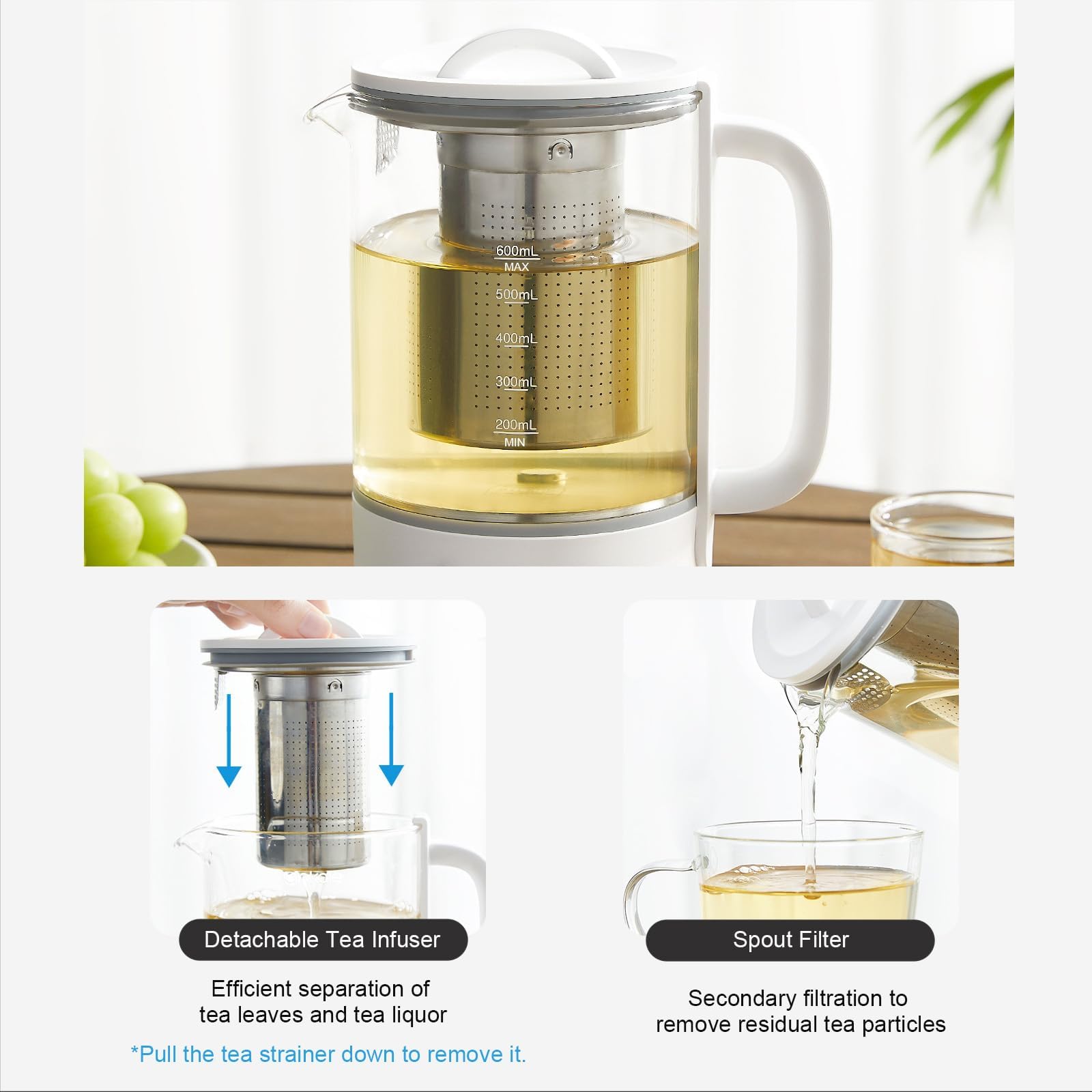 Hervidor de Vidrio 0,6L, 500W Control Temperatura, Táctil | Temporizador 24h, Sin BPA, para Té y Café, Compacto para Oficina y Hogar, Apagado Automático