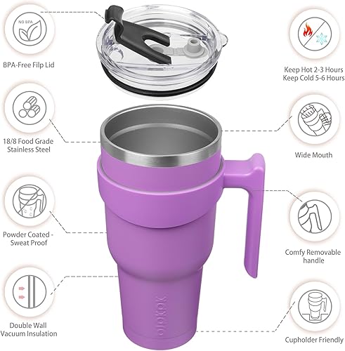 Miniatura 2 de BJPKPK Vaso con asa, vaso de acero inoxidable de 40 onzas con tapa y pajita, tazas de café aisladas, lavanda