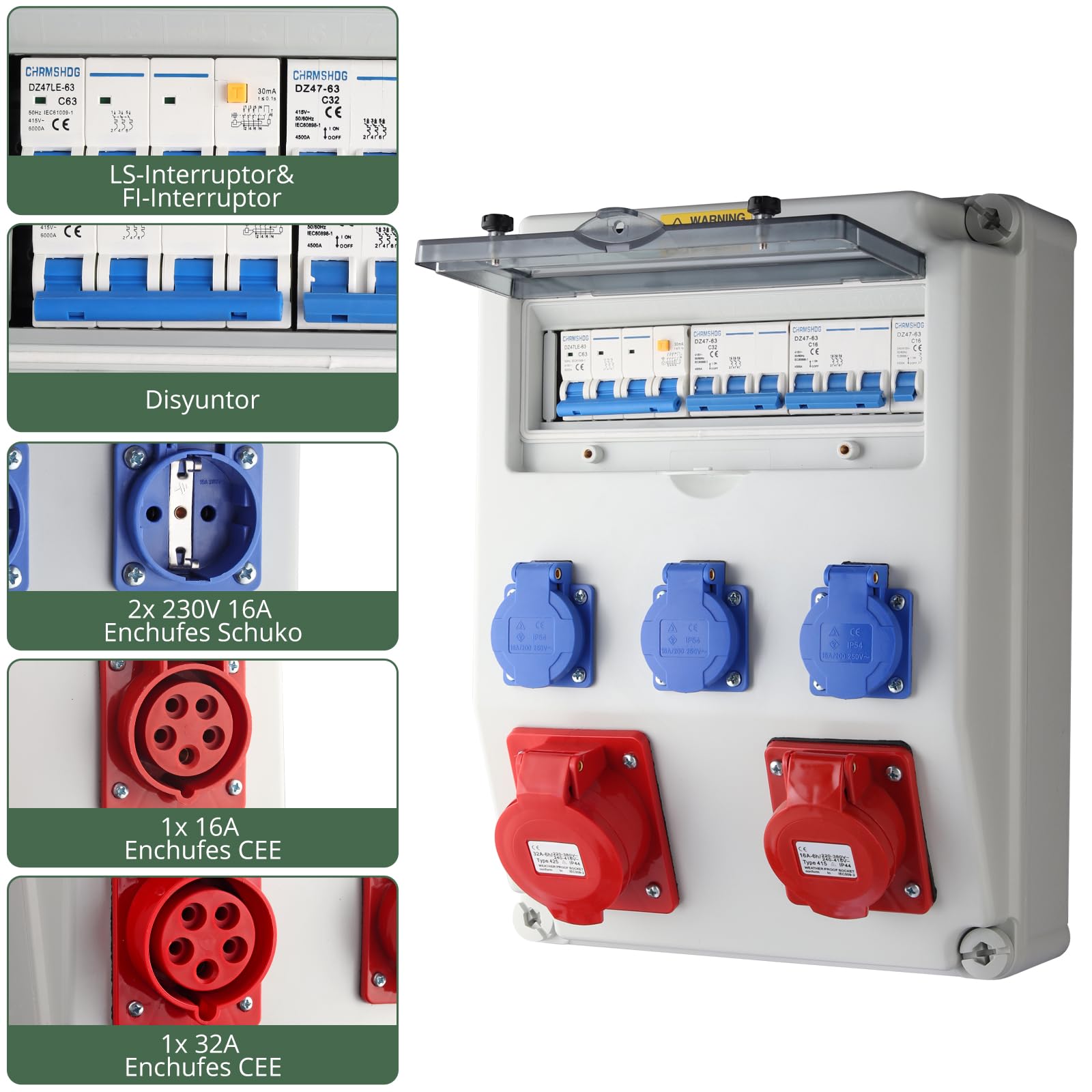 EYPINS Distribuidor de Corriente para Construcción con LS+FI, Distribuidor de Pared 3x 230V Enchufes Schuko 16A+Enchufes CEE 16A+32A, IP66, ABS Ignífugo para Interiores, Exteriores, Talleres y Fábrica
