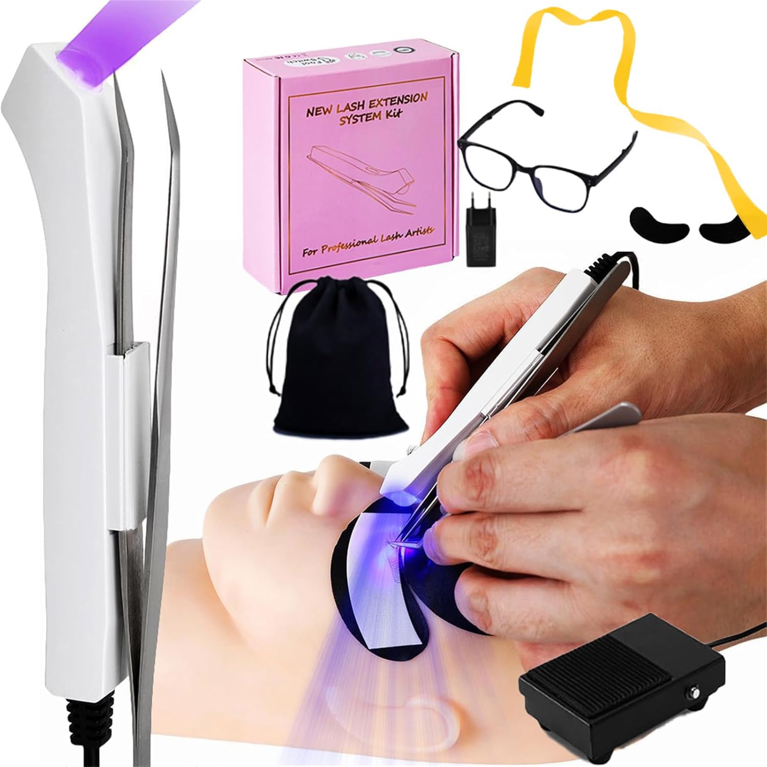 Uv Lash Lamp with Foot Pedal Portable Eyelash Extension Lamp Uv Eyelash Extension Curing Lamp for Nails Art, Uv Lash Light for Eyelash Extension Light with Tweezers for Beauty Salon