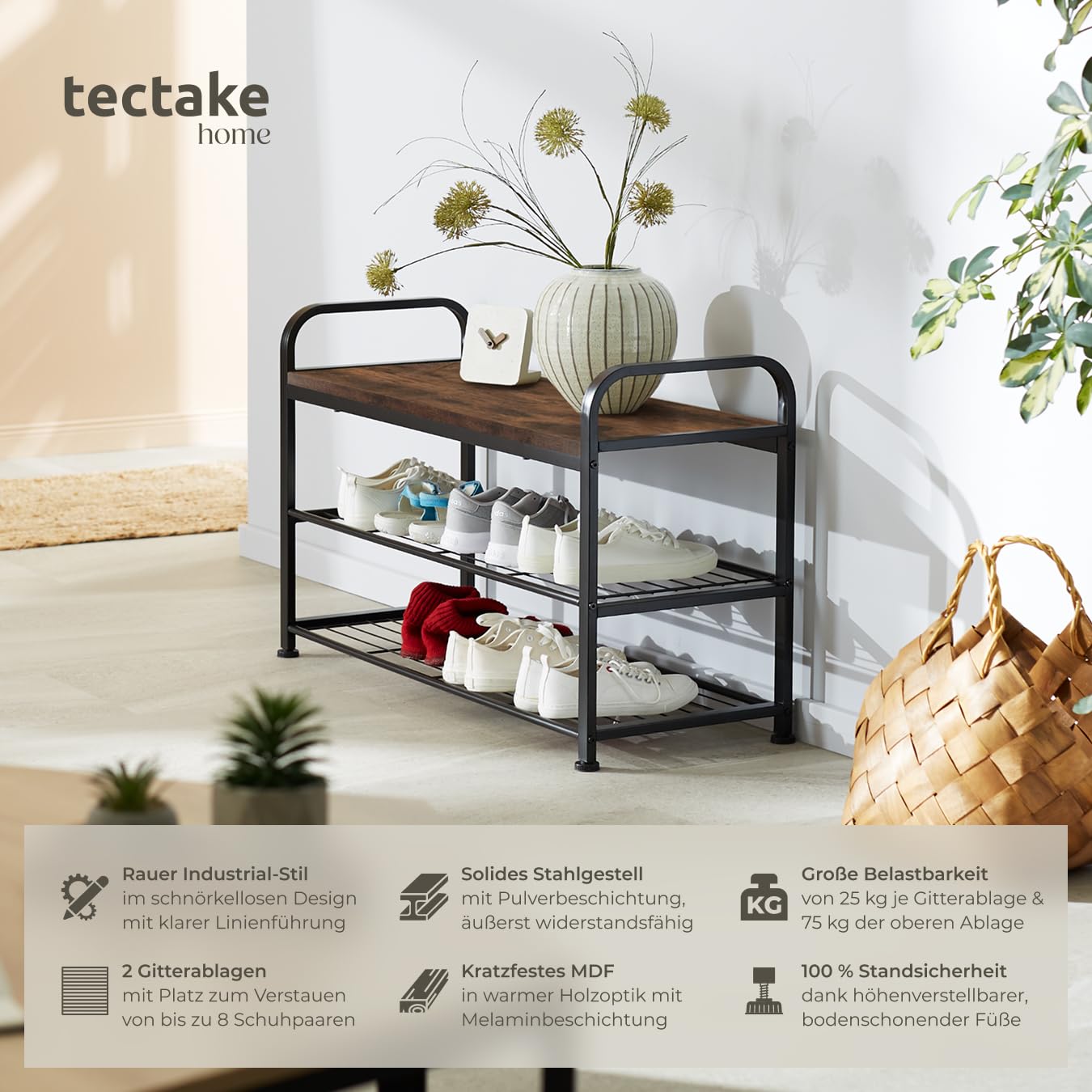 CAPHAUS Schuhregal Mit 3 Etagen – 60x30x55,9 Cm, Metallgestell Mit Holzplatte, Für Flur & Wohnzimmer