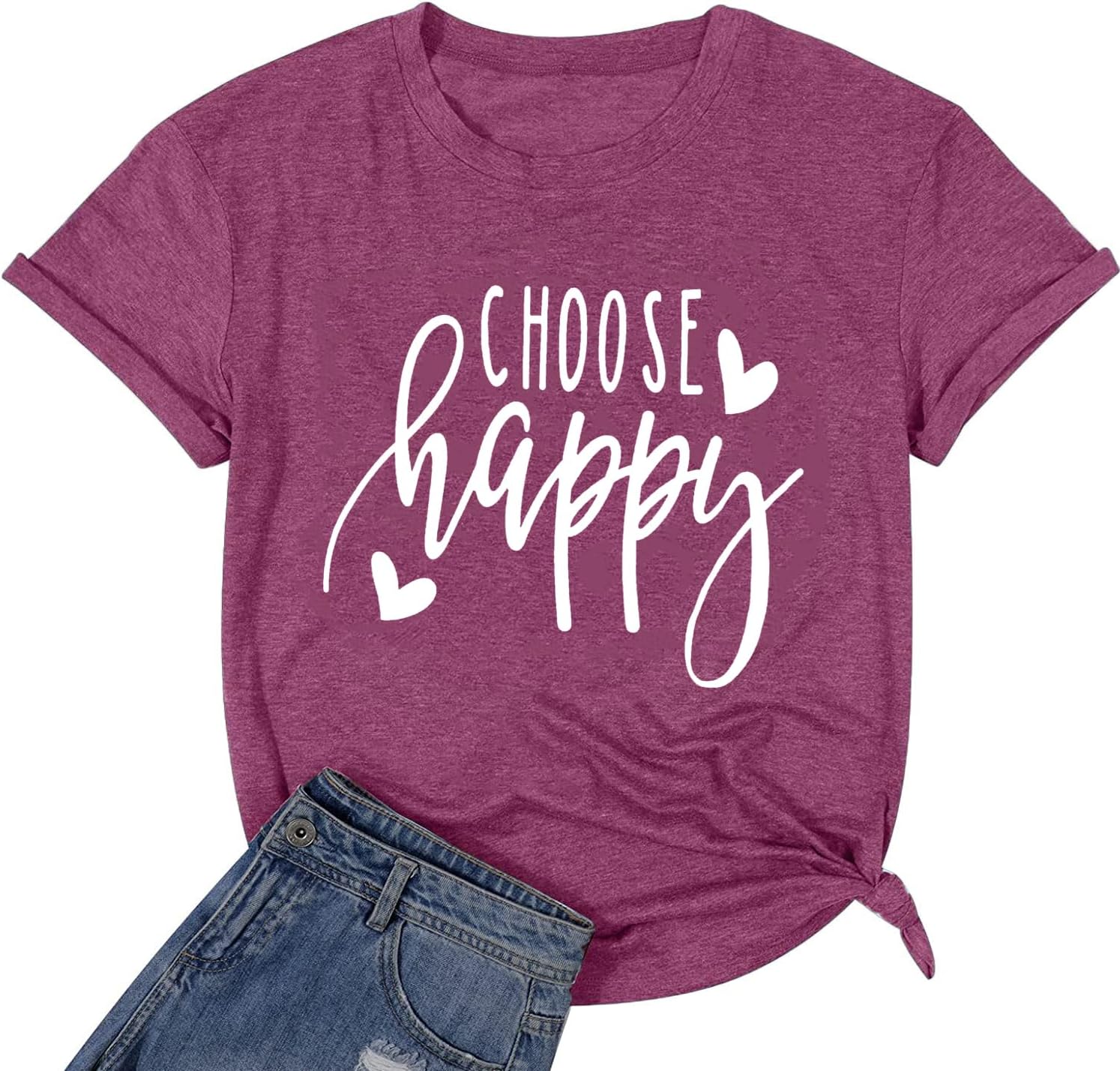 Funny Cute Graphic Tees for Women Choose Happy Letter Print T Shirts Love Heart Inspirational Shirt Casual Short Sleeve Tops