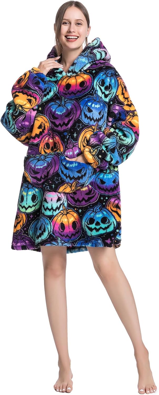 Wearable Blanket Hoodie Oversized Hooded Blanket for Adult Women Super Soft Comfortable Warm Flannel Halloween Pumpkin - Image 5