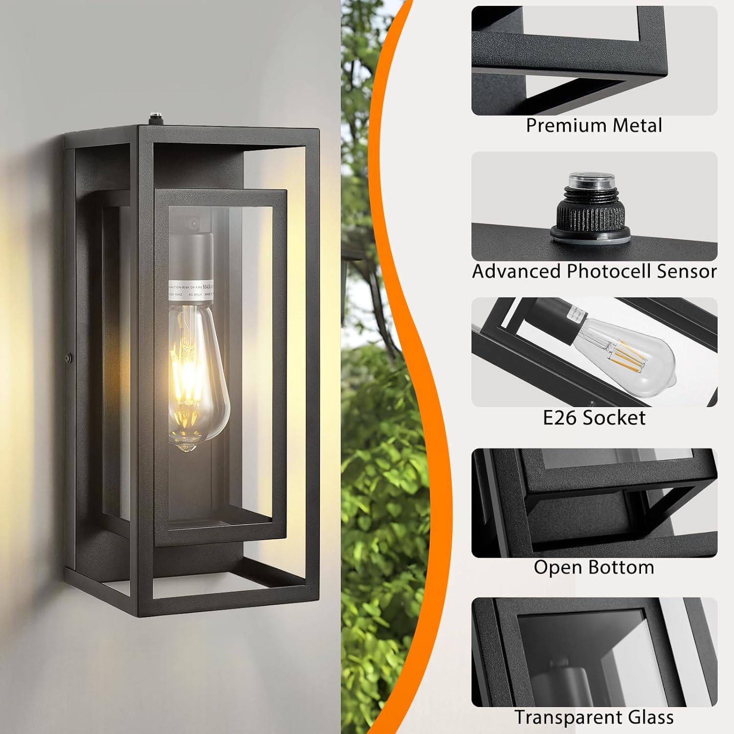 14" Outdoor Wall Lights Fixtures Dusk to Dawn Exterior Lighting Fixtures, Black Outdoor Wall Lantern with E26 Socket, Modern Front Porch Light, Coach Lights for Garage, Porch, Front Door 2Pack
