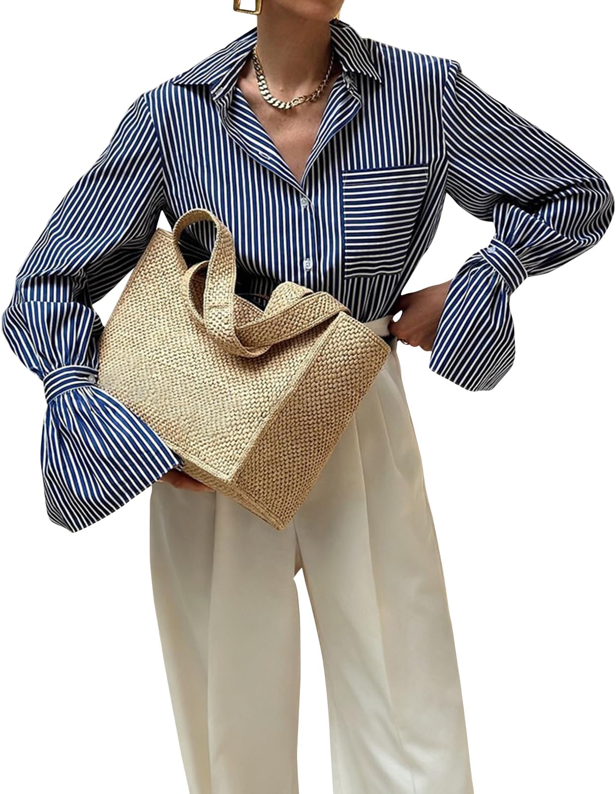 – Womens Button Down Shirts Striped Classic Long Sleeve Collared Office Work Blouses Tops