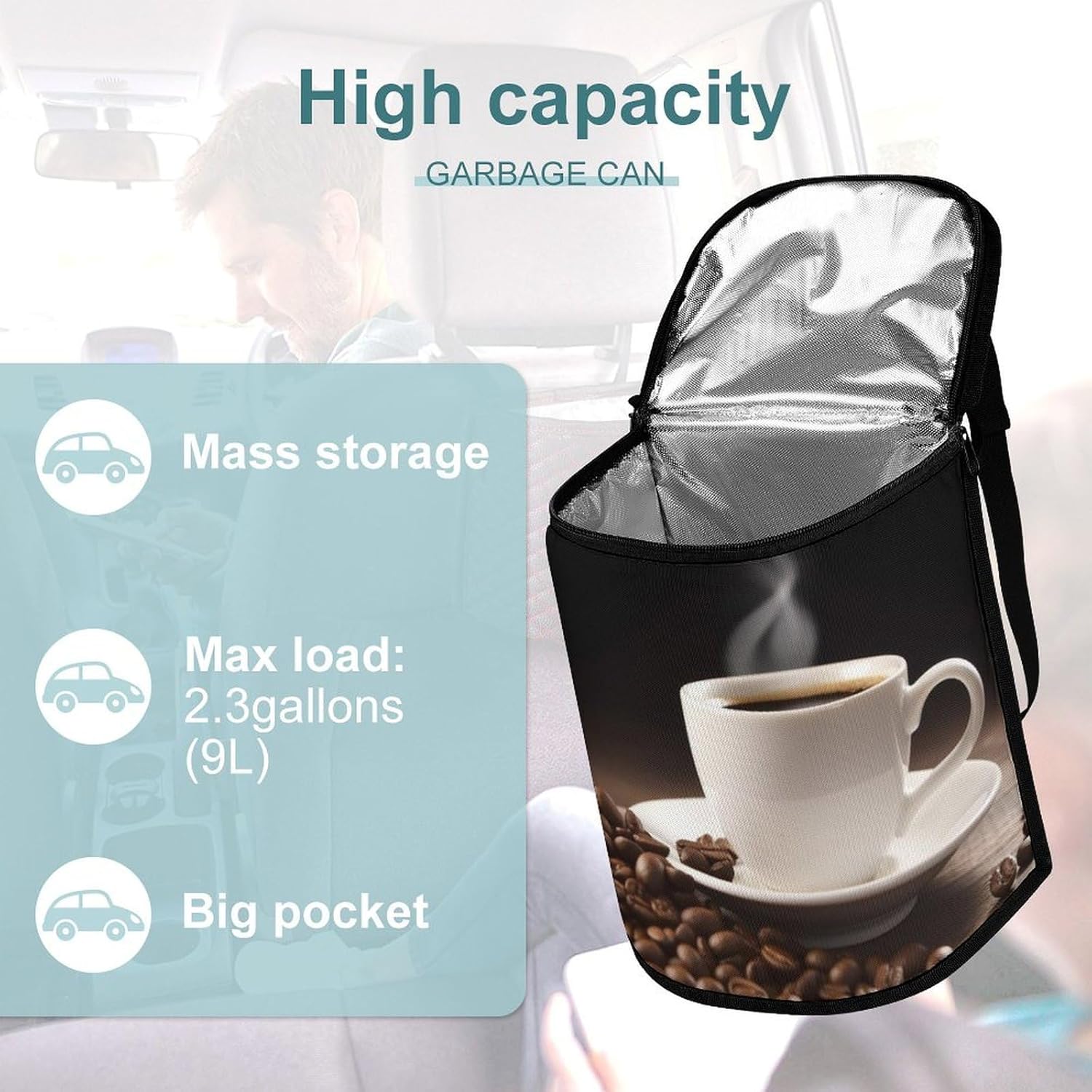 Hanging Car Trash Bag Protable Trash Can Coffee Cup and Coffee Beans Waterproof Garbage Bin for Car