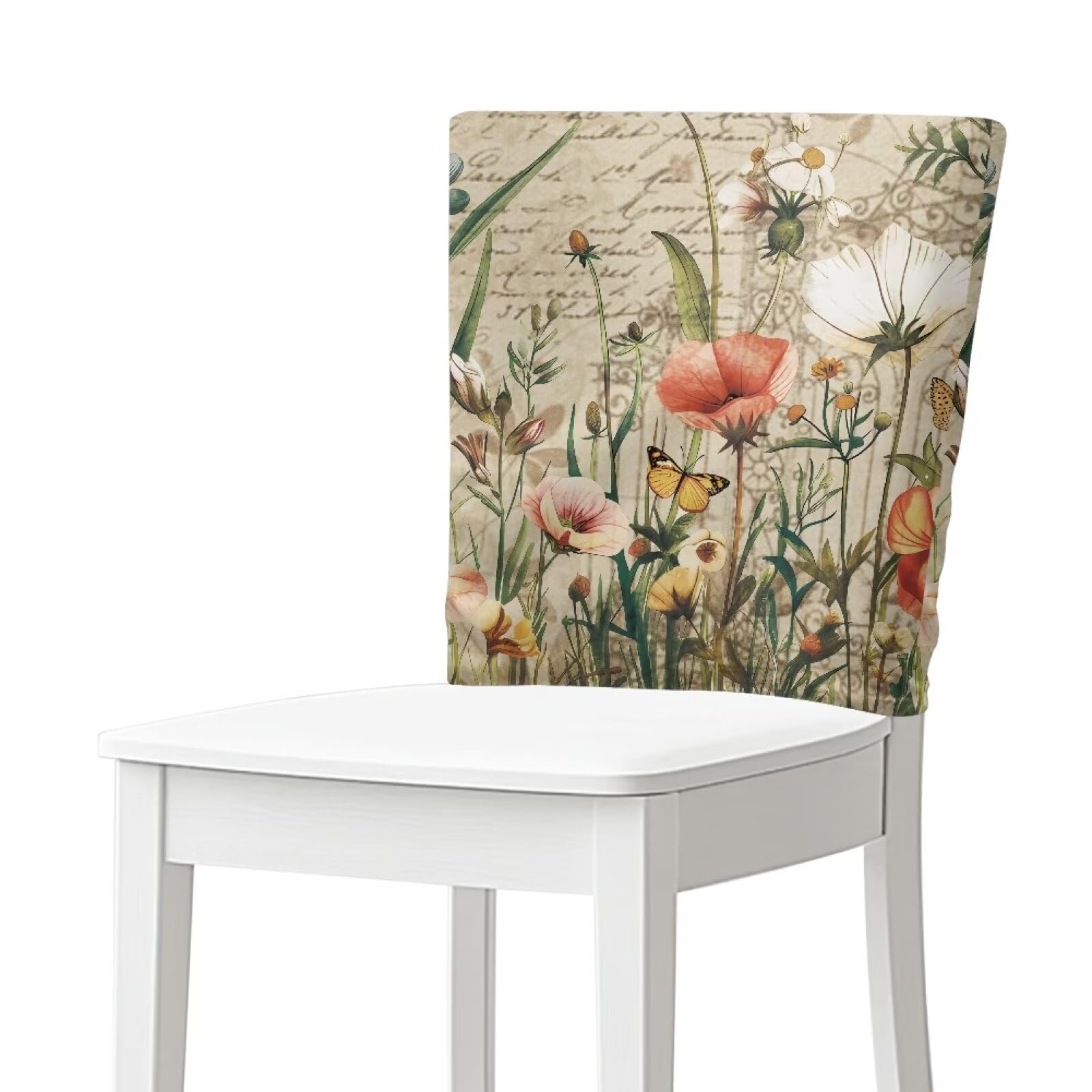 Tevecatos Stretch Polyester Fabric Chair Back Cover for Dining Room Retro Flower Butterfly Plant Print Chair Slipcovers Soft Dining Chair Cover for