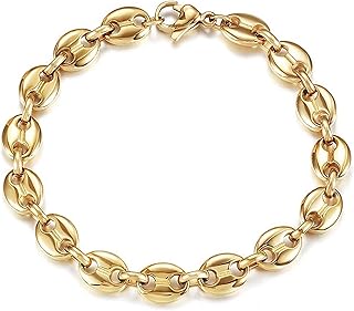 CIUNOFOR 14K Gold Filled Coffee Bean Bracelets for Women, Link Chain Classic Charm Puff Mariner Bracelet, Coffee Bean Jewelry for Adults, Comfort fit for 6.5”–7.5” wrists, Gift for Her