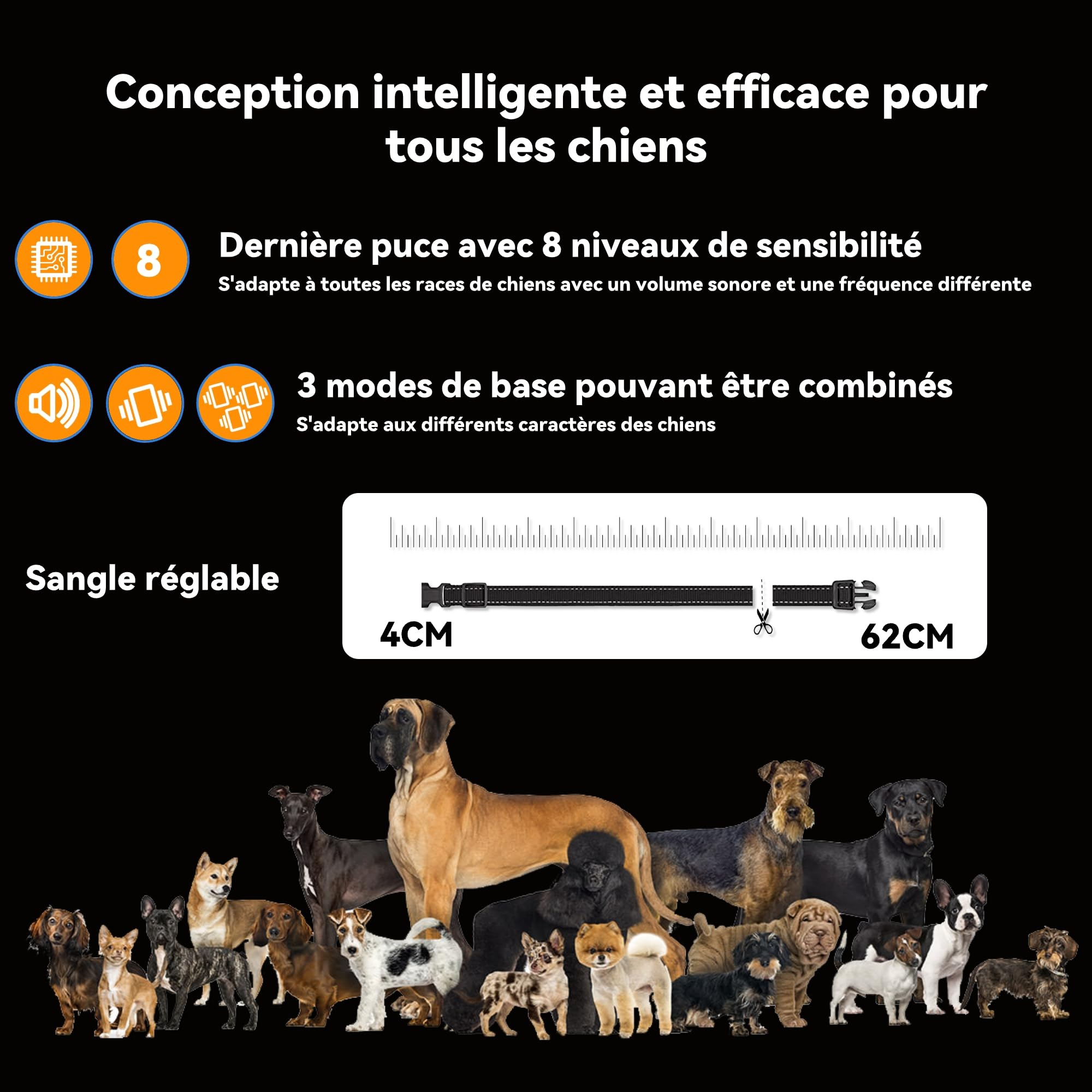 Collier Anti Aboiement-Conformes à La Nouvelle Loi 2025-Collier Vibrant,sans Choc Statique avec 8 Niveaux de Sensibilité Réglables,8 Niveaux et 3 Mode Sonore,Vibration et Forte Vibration