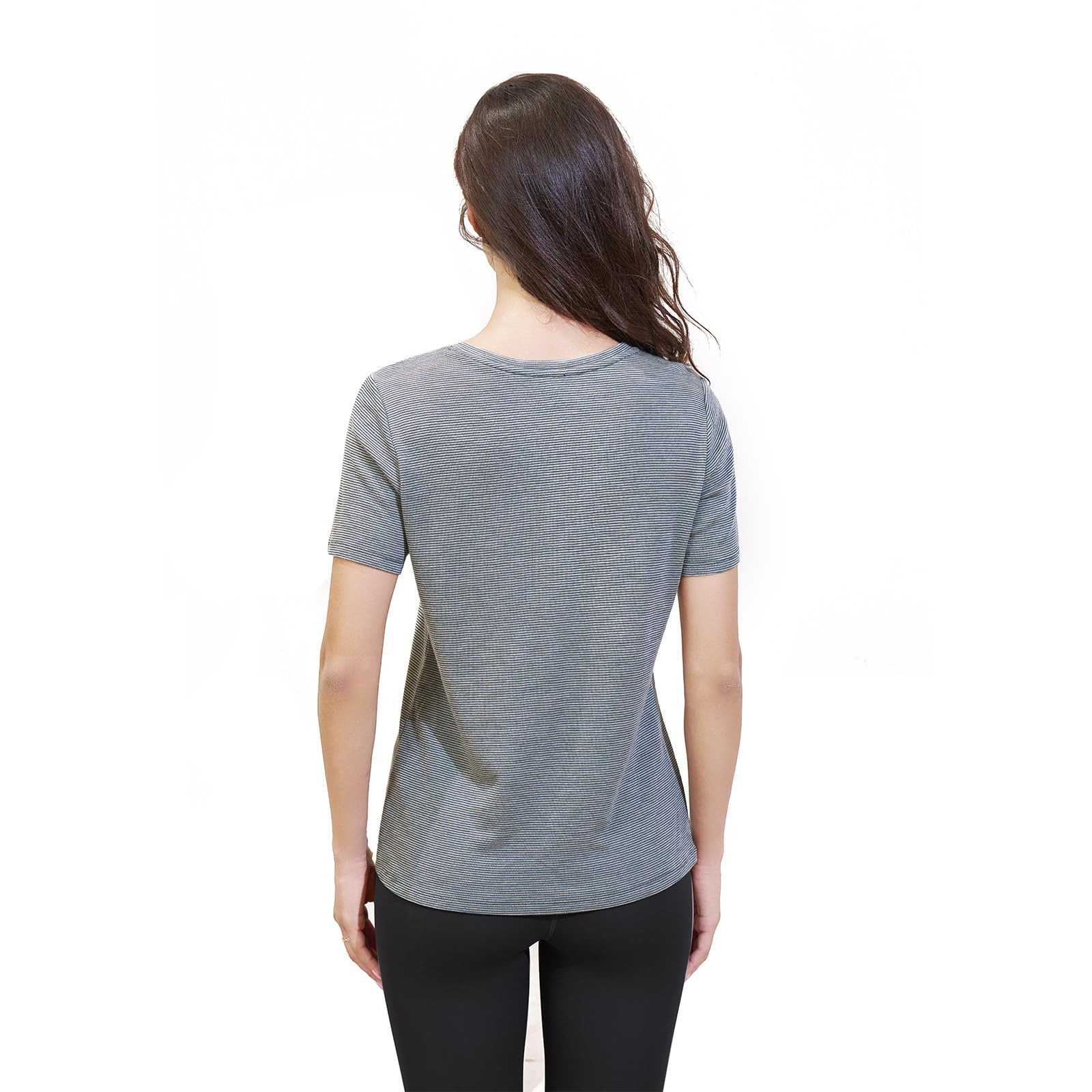 Merino Protect 100% Merino Shirt Damen Kurzarm V-Ausschnitt Geruchsabweisendes T-Shirt Merinowolle Unterwäsche Komfort Merino Wolle Tshirt Unterhemd (Staubblaue Streifen,X-Large)