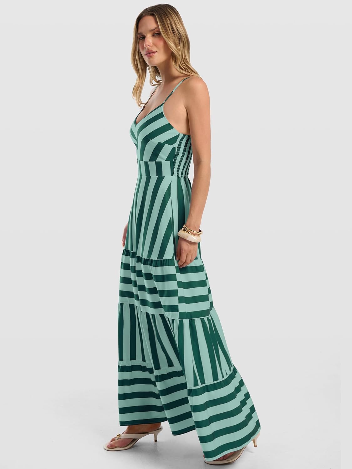 Caracilia Summer Maxi Dresses for Women Spaghetti Strap Back Smocked A Line V Neck Casual Long Dress Beach Vacation Clothes - Image 7