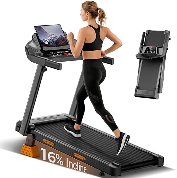 Treadmills for Home with 16% Incline & Led Screen, 3.0HP Quiet Foldable Treadmill Up to 400lbs Capacity, 7-Layer Shock-Absorbing Walking Pad Treadmill 0.6-7.2MPH
