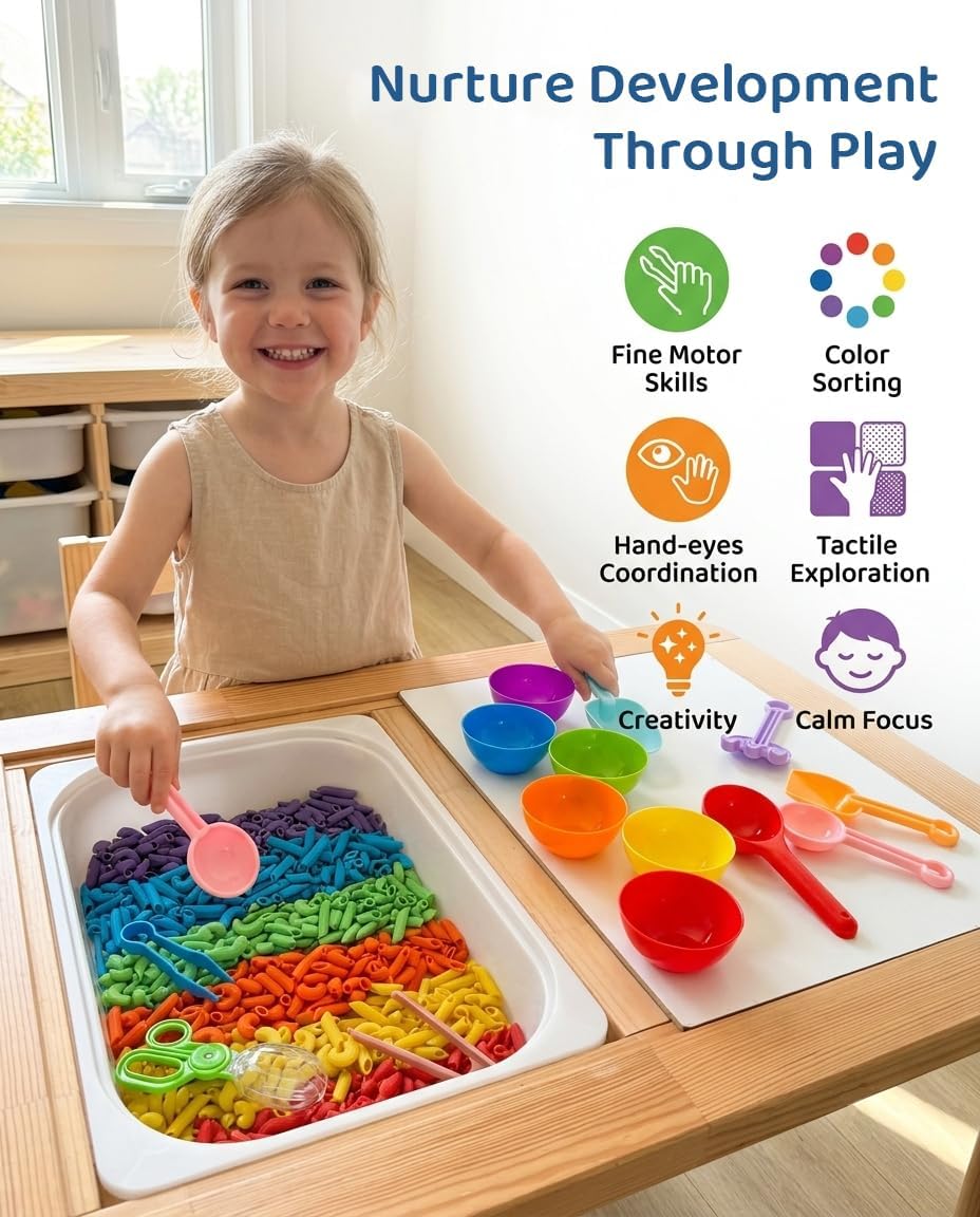 31PCS Sensory Bin Filler Tools, BPA-free PP & Silicone, Sensory Scoops Funnels Sifters Droppers Tweezers for Fine Motor, Sensory Table Accessories Beach Shovel Molds Colored Bowls for Counting Sorting