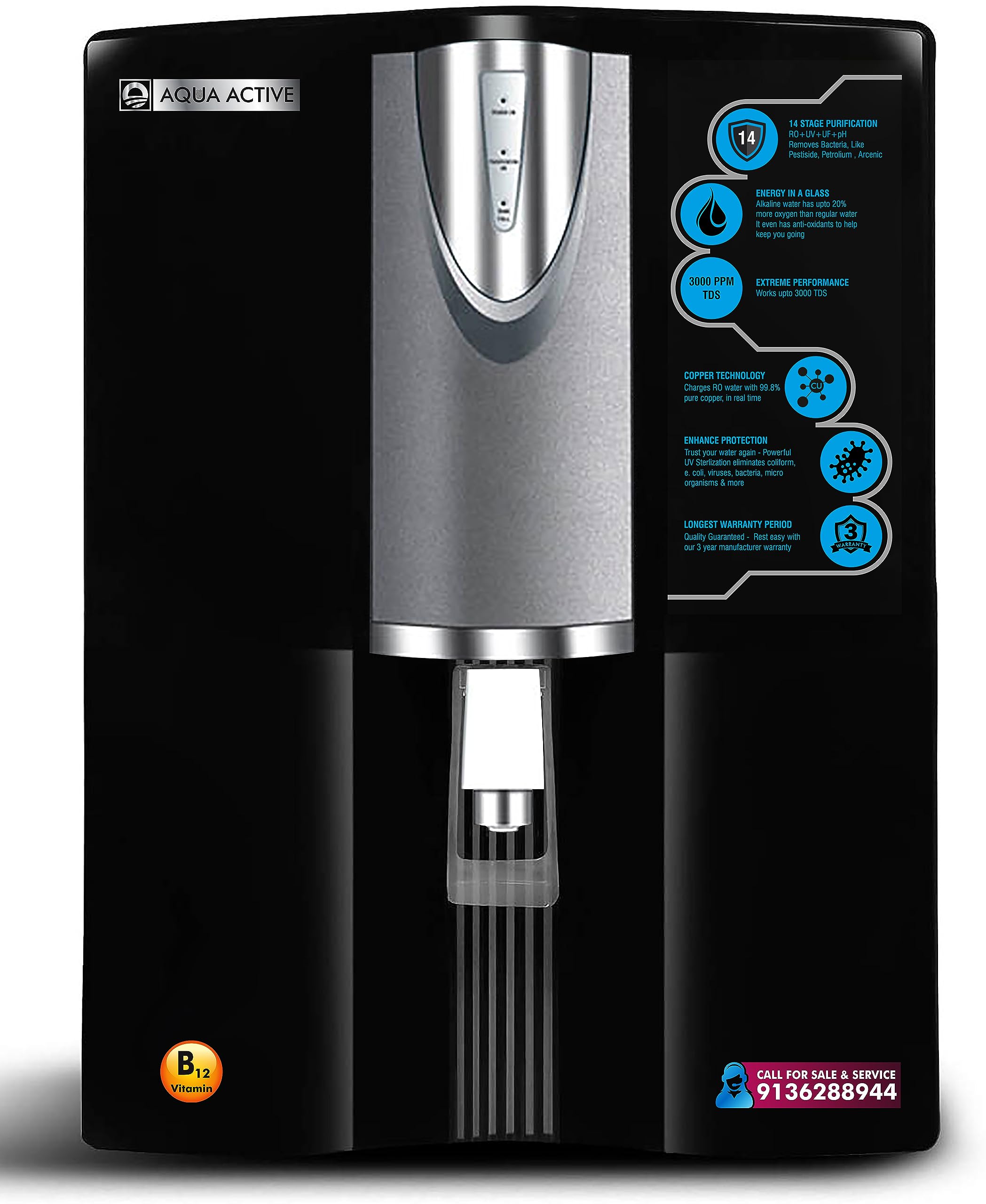 100 GPD RO+PHI UV +UF+TDS+MI+B12+Anti Scallent+Iron Removar+Alkaline 12-Litre Water Purifier, Black