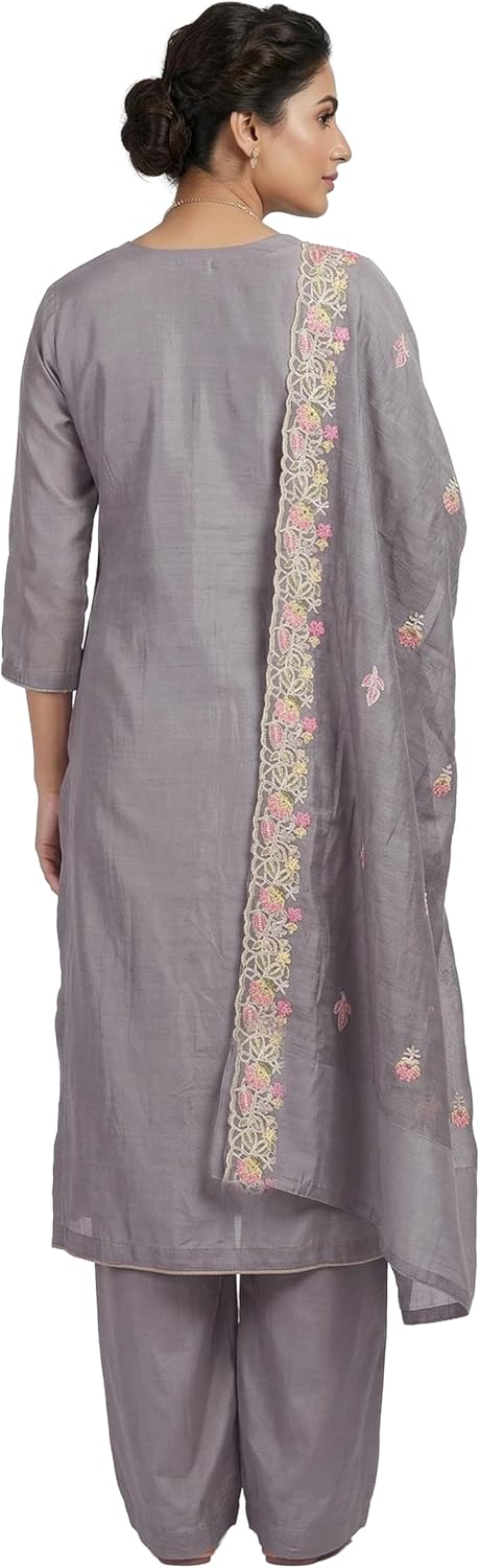ladyline Party Wear Chanderi Silk Heavy Embroidered Salwar Kameez Suit Set | Elegant Aari Kurta, Pants & Embroidery Dupatta