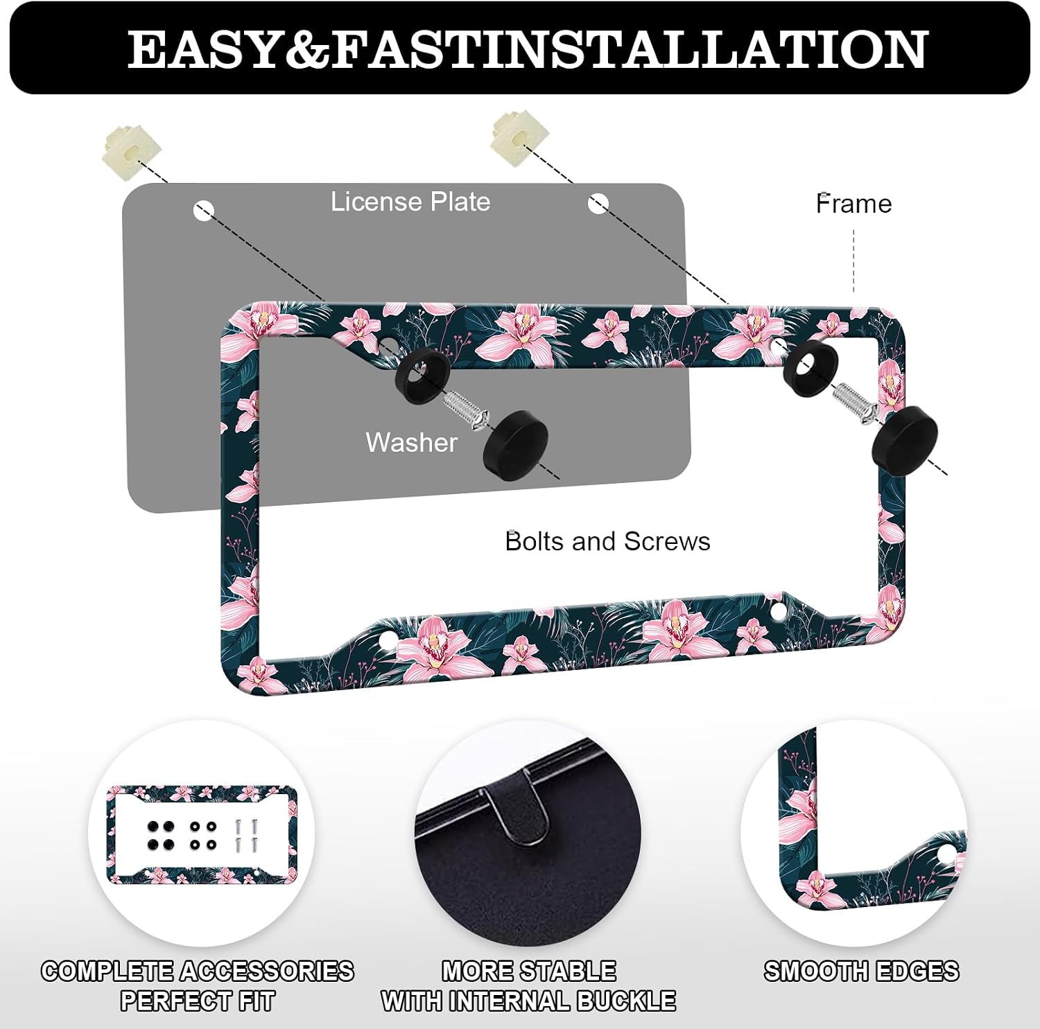 HCSS 2PCS Pink Lily License Plate Frames, Beautiful Floral Leaves Aluminum Metal License Plate Holder, Rust-Proof Waterproof Car Decorative Tag Frames for Standard US 12x6 Inch image 3