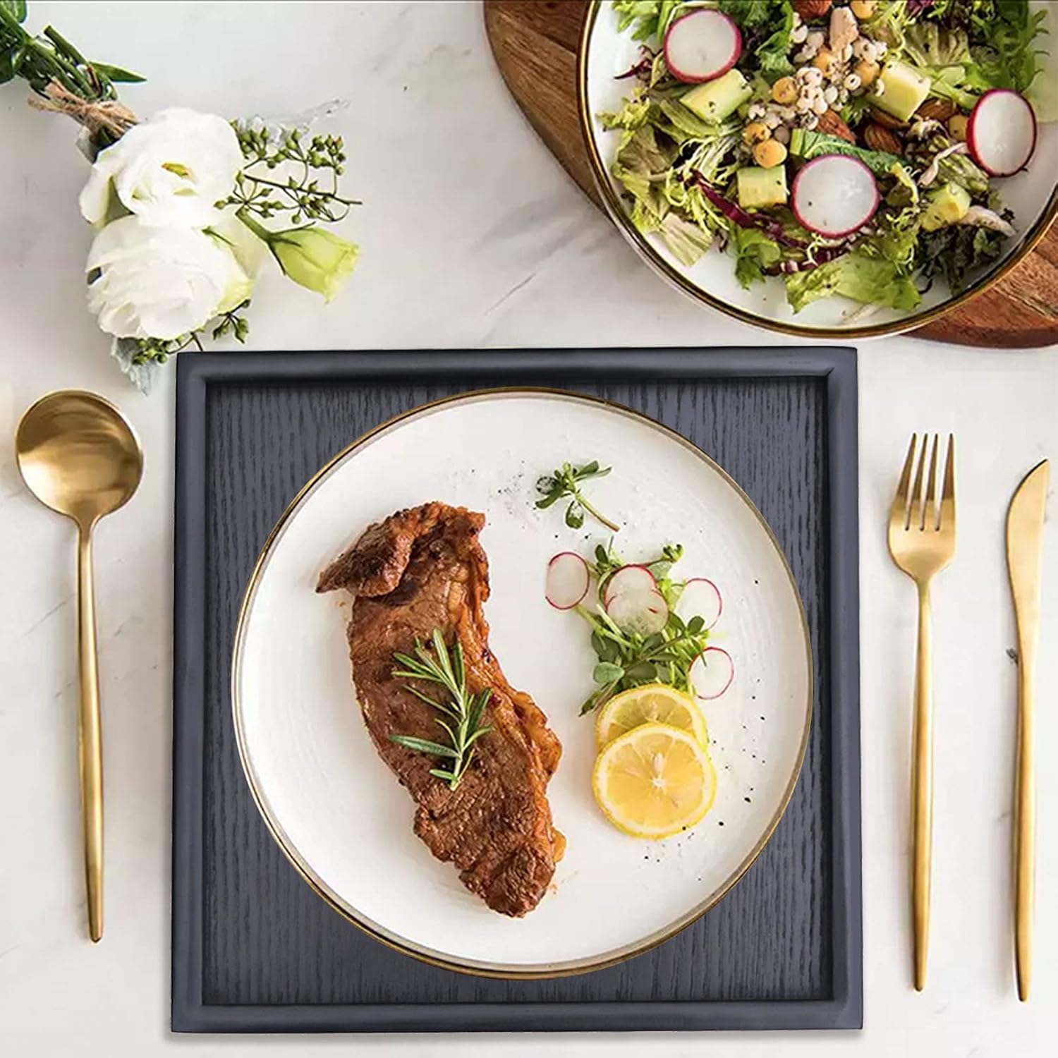 Solid Wood Serving Tray, Square Non-Slip Tea Coffee Snack Plate, Serving Tray with Raised Edges, for Home Kitchen Restaurant - Image 3