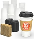 100 Pack 16 oz Disposable Coffee Cups with Lids and Sleeves, Sturdy Thick Paper & Leak-free Insulated to Go Paper Hot Coffee Cups for Hot & Cold Beverage