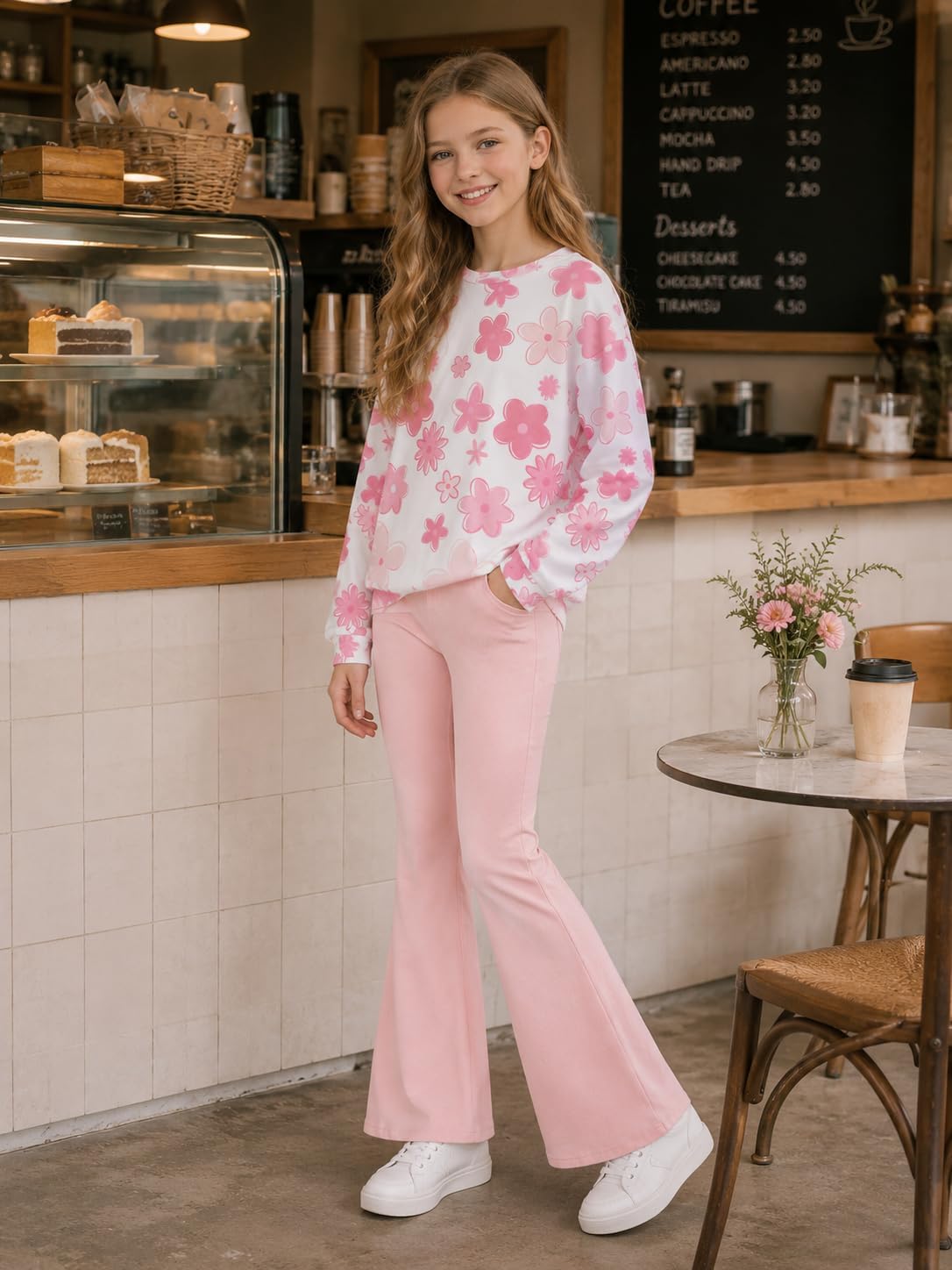 Size 6-14 Years Teen Girls Clothes Long Sleeve Floral Sweatshirt+ Flare Pants Set Girls 2 Piece Outfits