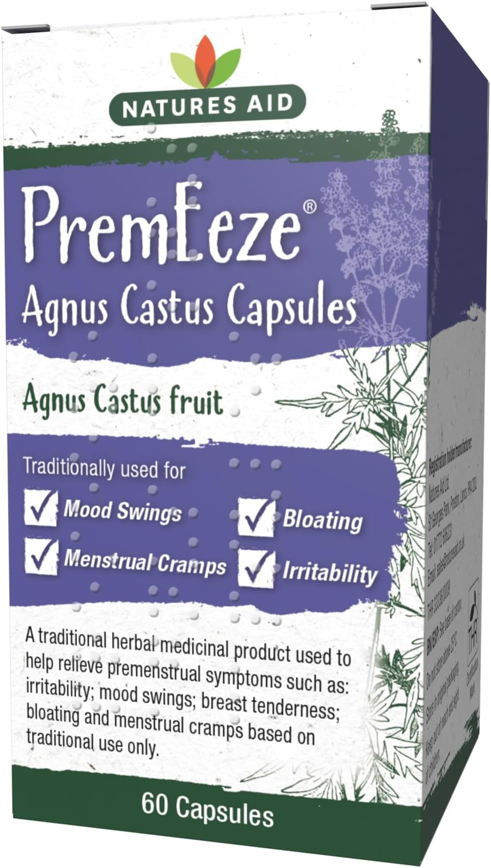 Natures Aid PremEeze Agnus Castus 400mg - High Potency - Supports Hormonal Balance, Menstrual & Women's Health, Stress Management - Vegan, Gluten Free, Non-GMO Natural Supplement - 60 Capsules