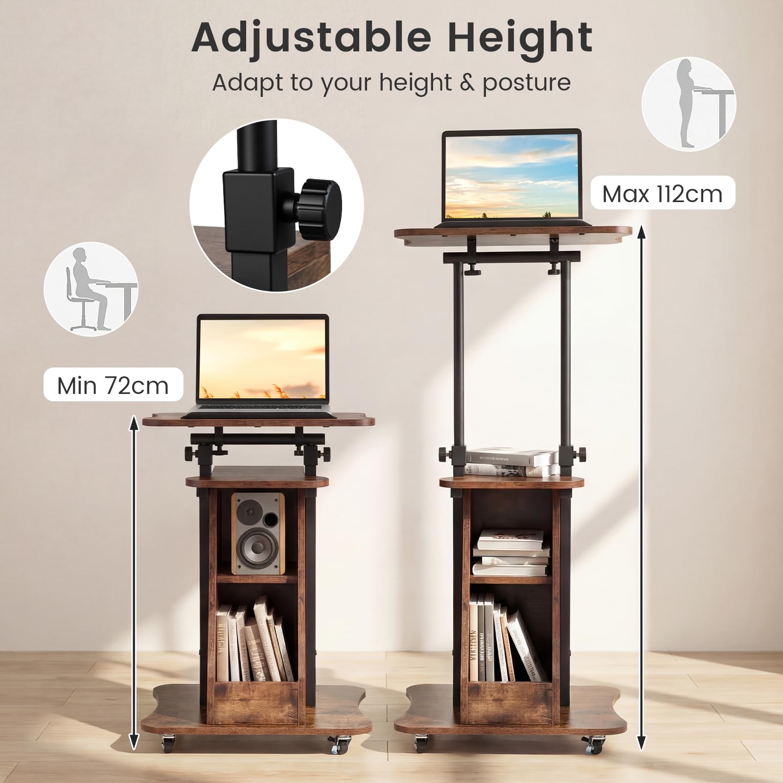 FANTASK Stehpult höhenverstellbar, 50 x 40 x 72–112 cm, mobiler Rednerpult mit neigbarer Tischplatte & offenen Fächern, Rednerpultständer zum Stehen & Sitzen, Stehtisch auf Rollen für Büro (Braun)