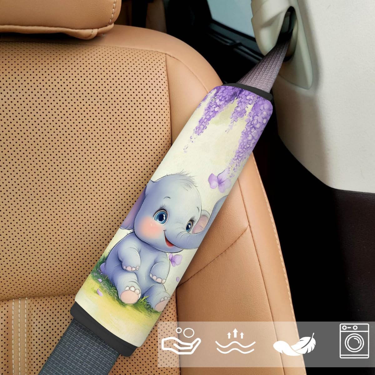 Car Seat Belt Pads Cover, Lovely Elephant Purple Lavender Butterfly Soft Seat Belt Covers 2 Pack All Weather Universal Protect Pads for Adults and Children