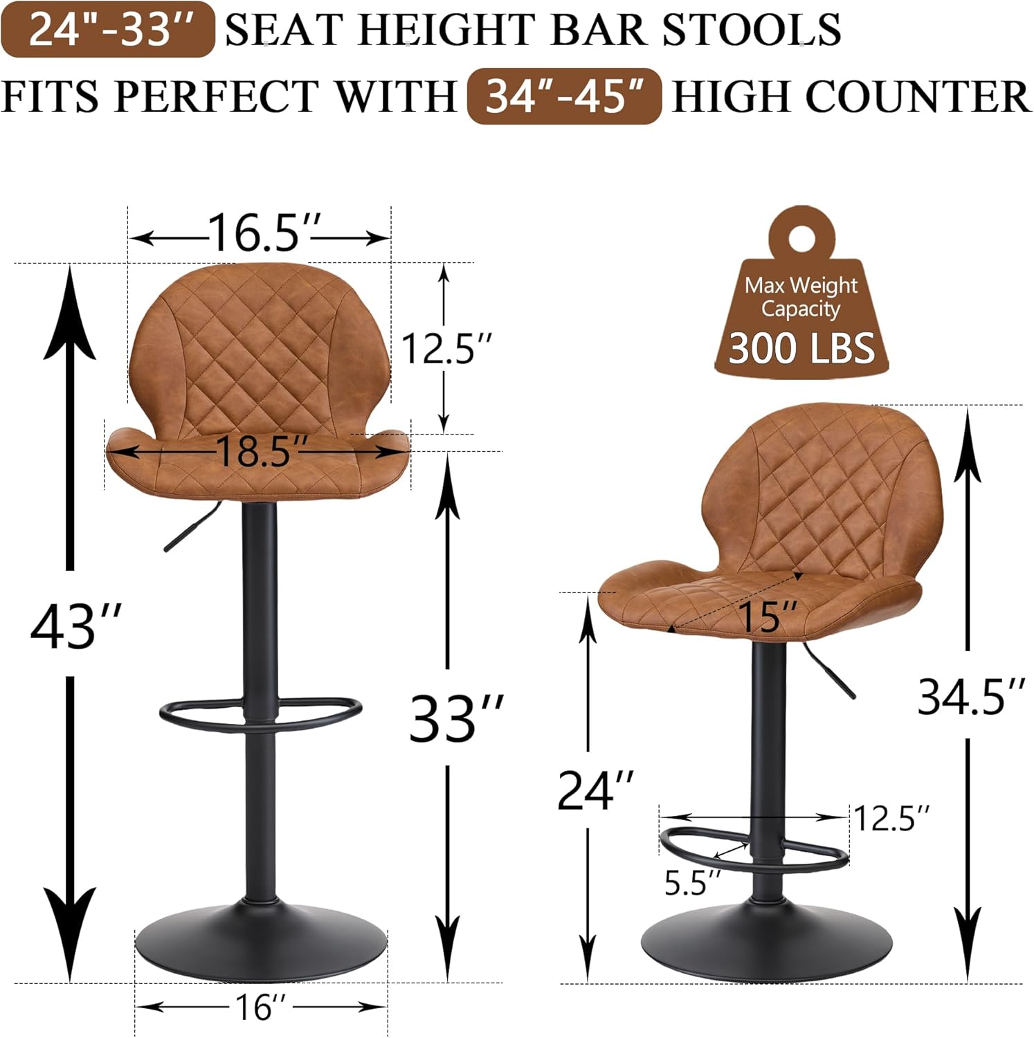 FIRAVOE Bar Stools Set of 4, Brown Swivel Bar Stool with Back, Adjustable Bar Stool 24"-33", Faux Leather Upholstered Bar Stools, Modern Counter Height Barstools for Kitchen Island (Brown, 4PCS)