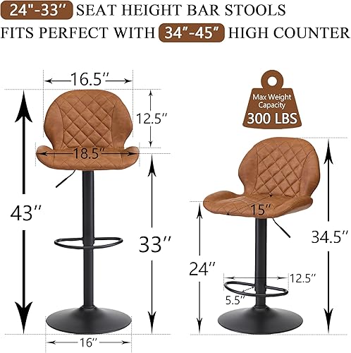 Miniatura 2 de Juego de 2 taburetes de bar giratorios marrones con respaldo, taburete de bar ajustable de 24 a 33 pulgadas, taburete de bar tapizado de piel
