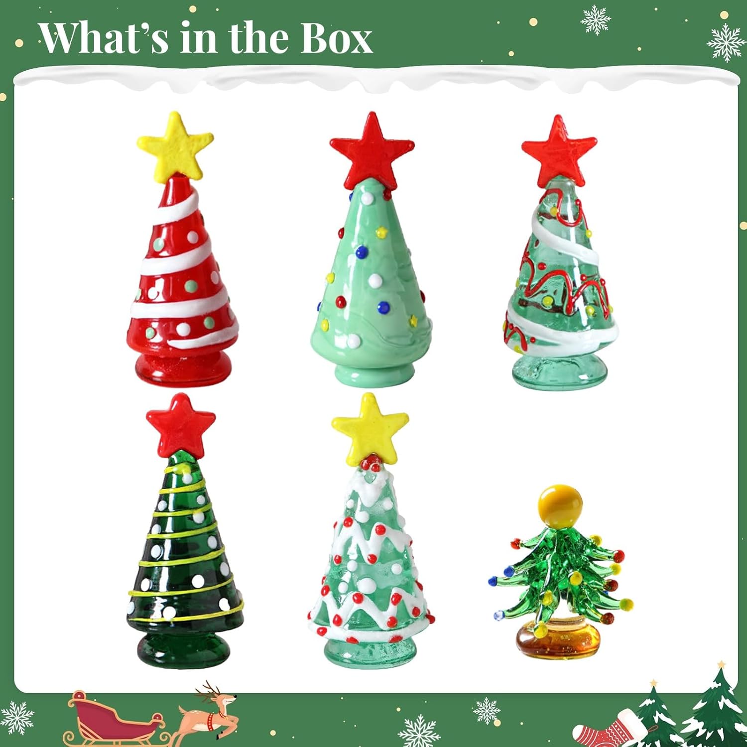 6-Piece Miniature Glass Christmas Trees with Stars, Handcrafted Holiday Figurines, 2.6 to 3 Inches for Office, Car, and Home Decor