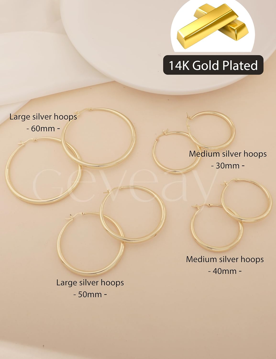 Silver Hoops Earrings for Women Hypoallergenic 925 Sterling Silver 14K Gold Plated Hoop Earrings Lightweight Large Thick Hollow Tube Hoop Earrings 30/40/50/60MM