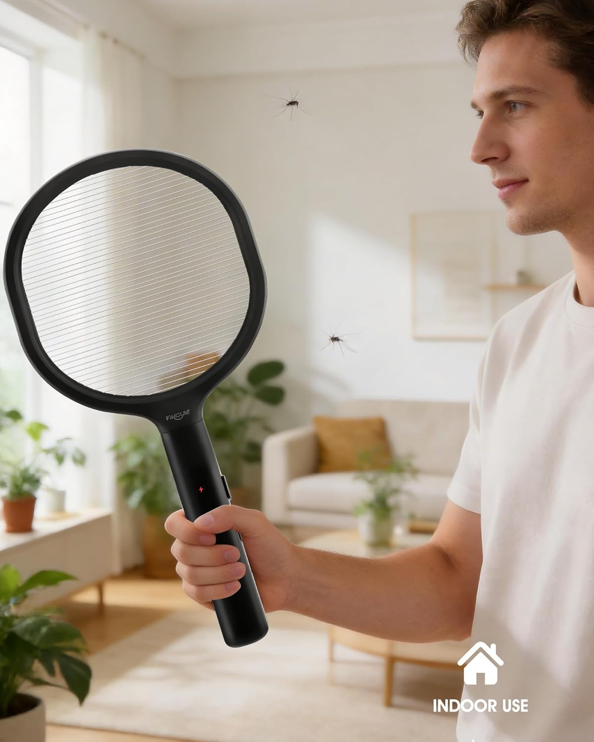 Faicuk Single Layer Grid Electric Fly Swatter High Efficiency Bug Zapper Racket for Wasps, Large Bees, Hornets, Yellow Jackets, Moths, Big Flying Insects, for Indoor Outdoor Use (White + Black)