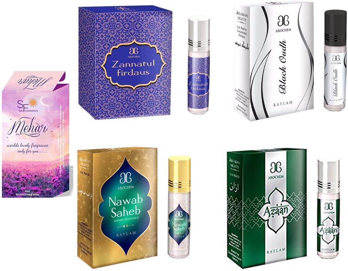 Arochem Zannatul Firdaus, Black Oudh,Nawab Saheb and Azaan Attar Combo of 4, 2ml each