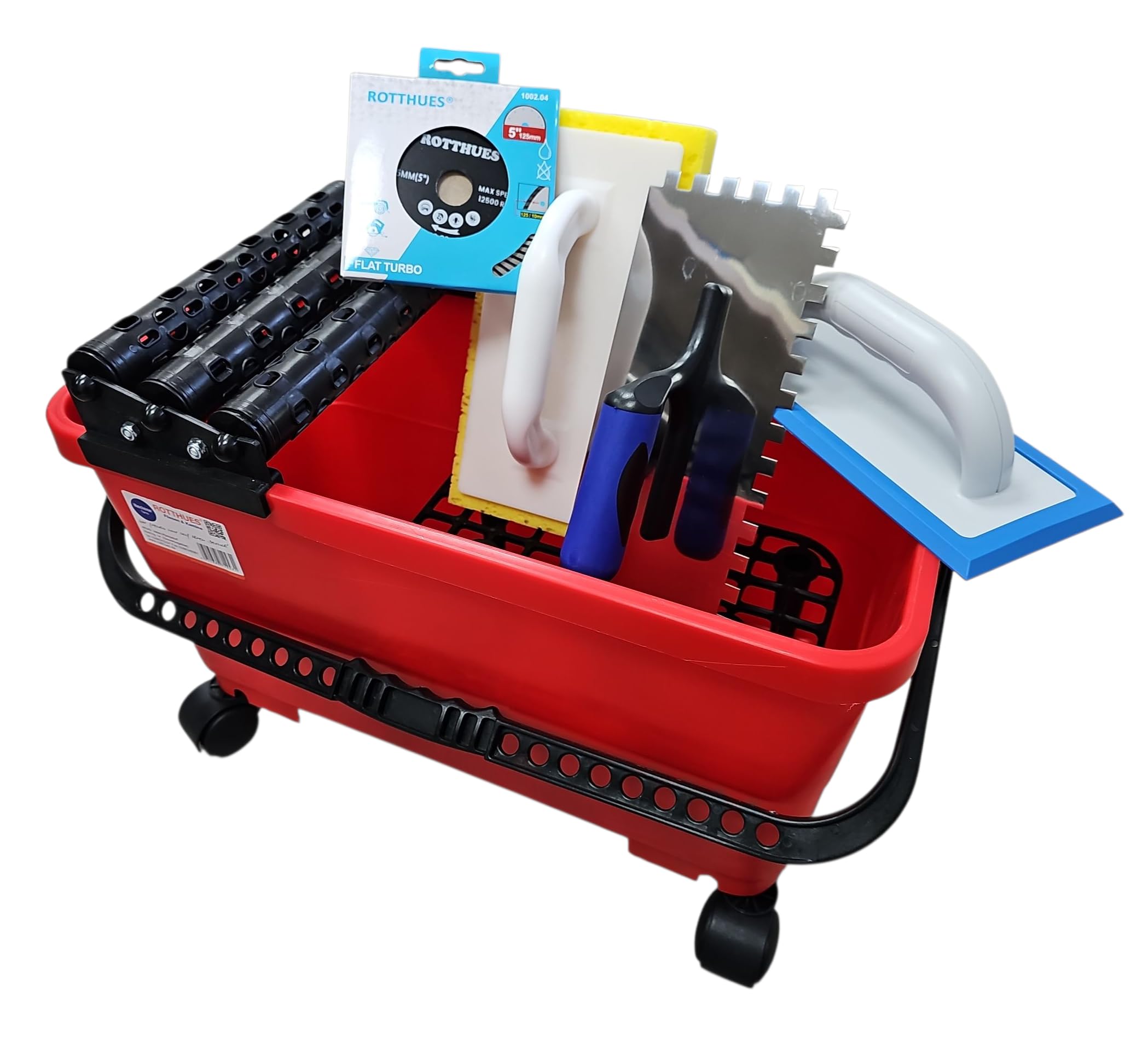 Tile Wash Bucket Set 2 24 Litre 3-Compartment Roller Attachment with Grout Board, Sponge Board, Diamond Disc and Stainless Steel Trowel 10 mm