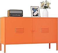 Vista 8 de Armario de almacenamiento de metal, gabinete de acento de 2 puertas, soporte de TV con puertas y estante ajustable, armario de metal para bufé