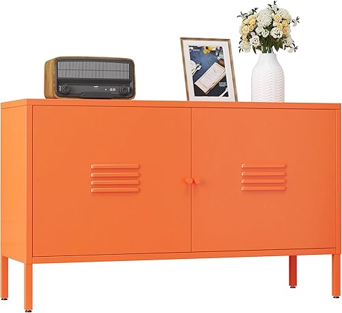 Miniatura 8 de Armario de almacenamiento de metal, gabinete de acento de 2 puertas, soporte de TV con puertas y estante ajustable, armario de metal para bufé